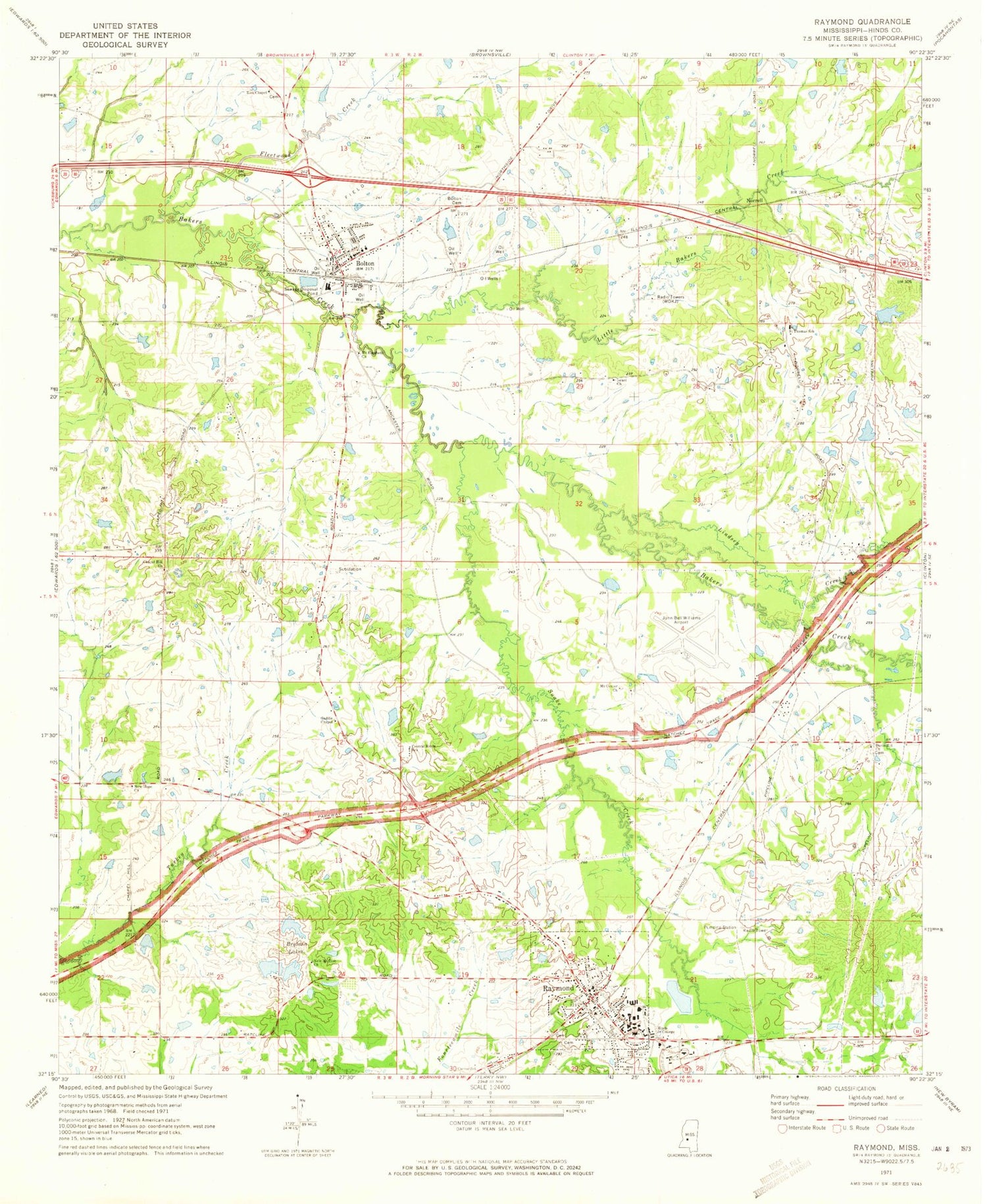 Classic USGS Raymond Mississippi 7.5'x7.5' Topo Map Image