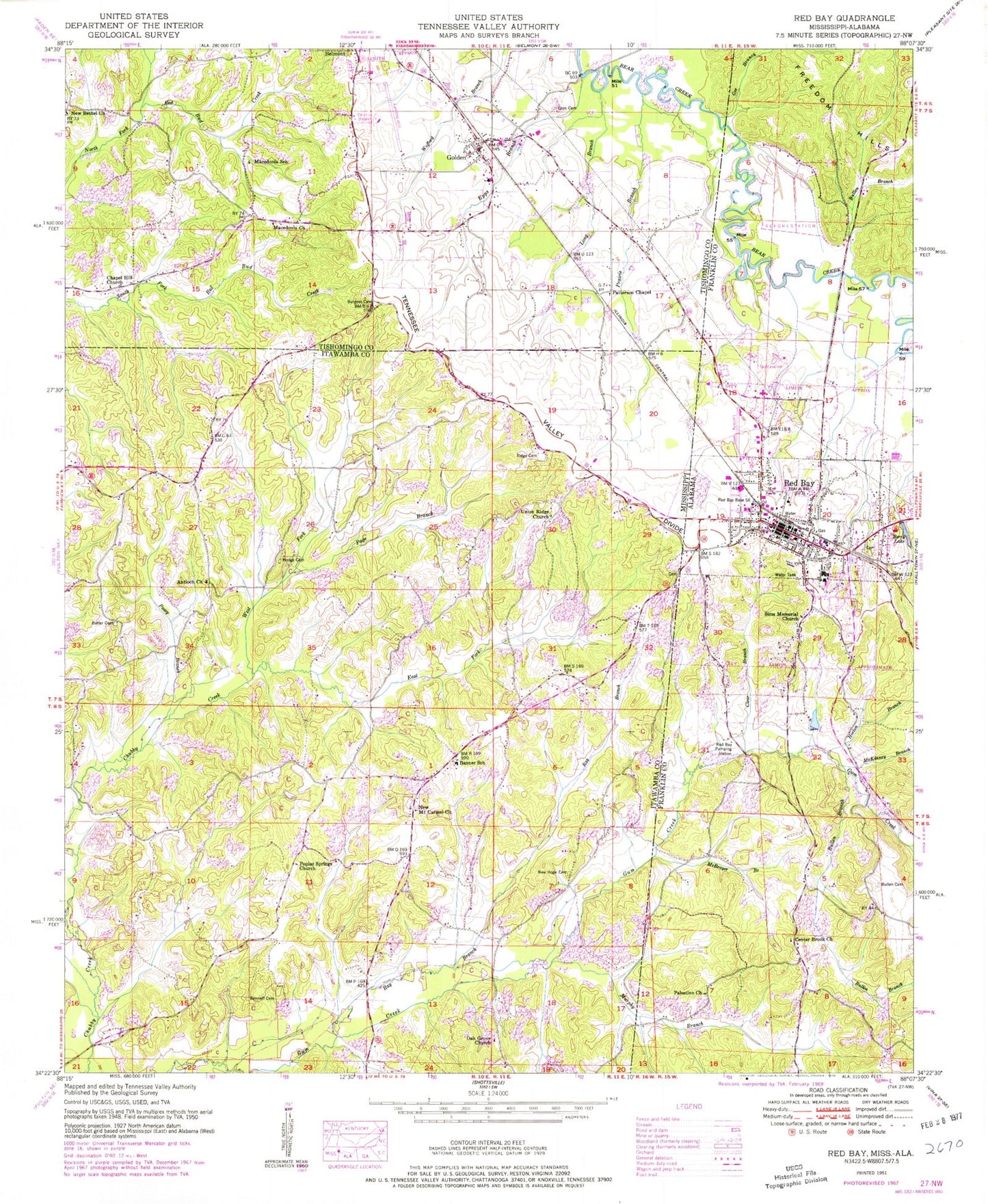Classic USGS Red Bay Alabama 7.5'x7.5' Topo Map Image