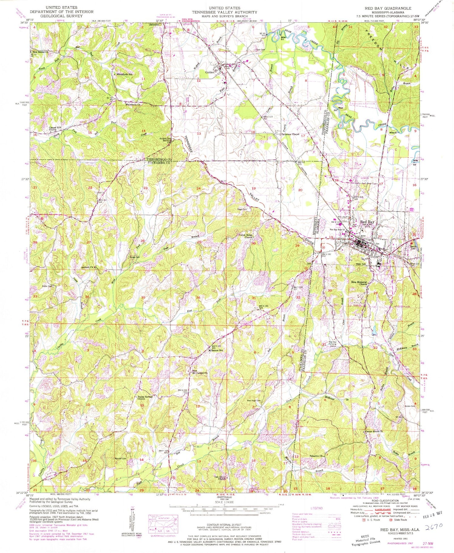 Classic USGS Red Bay Alabama 7.5'x7.5' Topo Map Image
