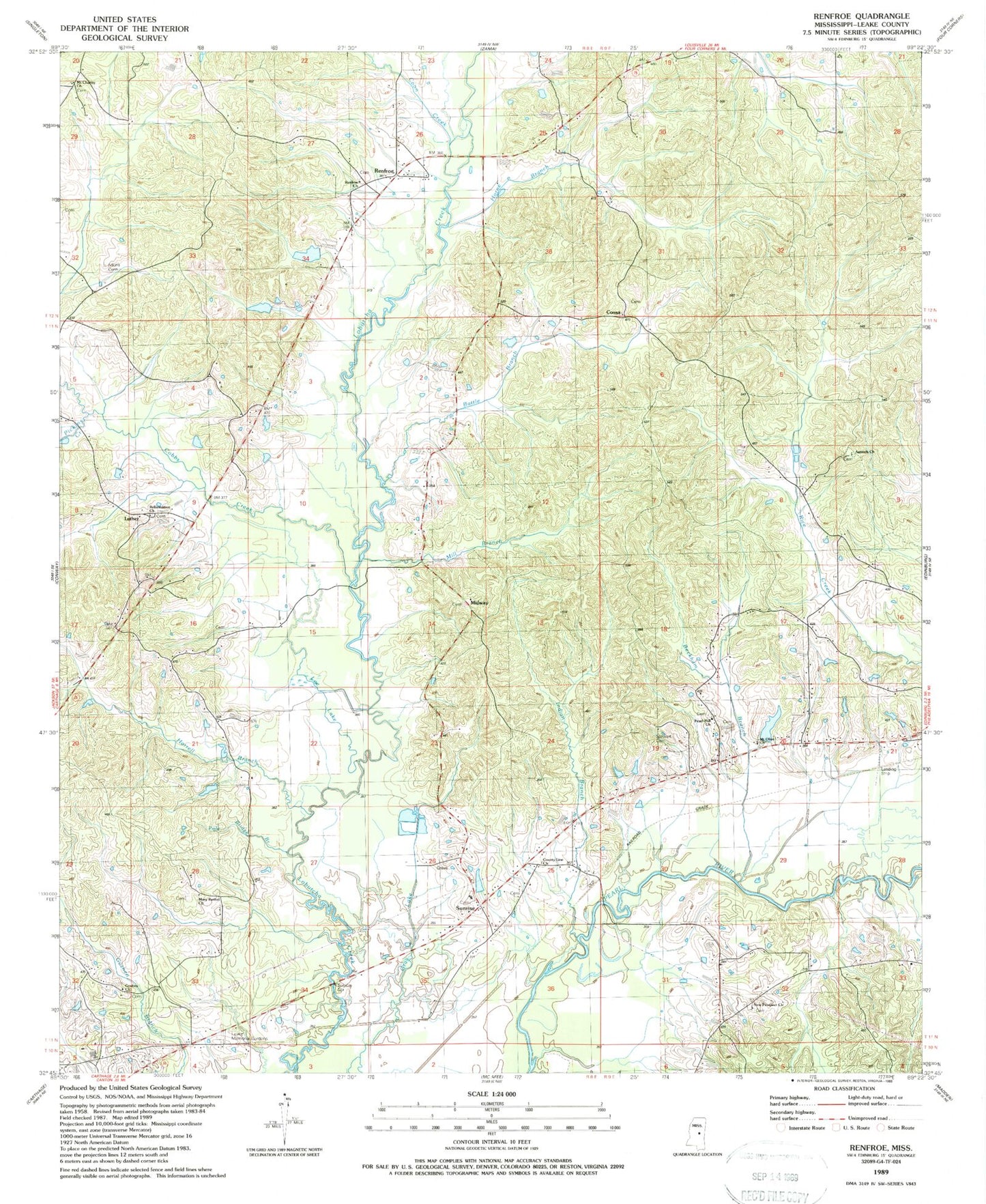 Classic USGS Renfroe Mississippi 7.5'x7.5' Topo Map Image