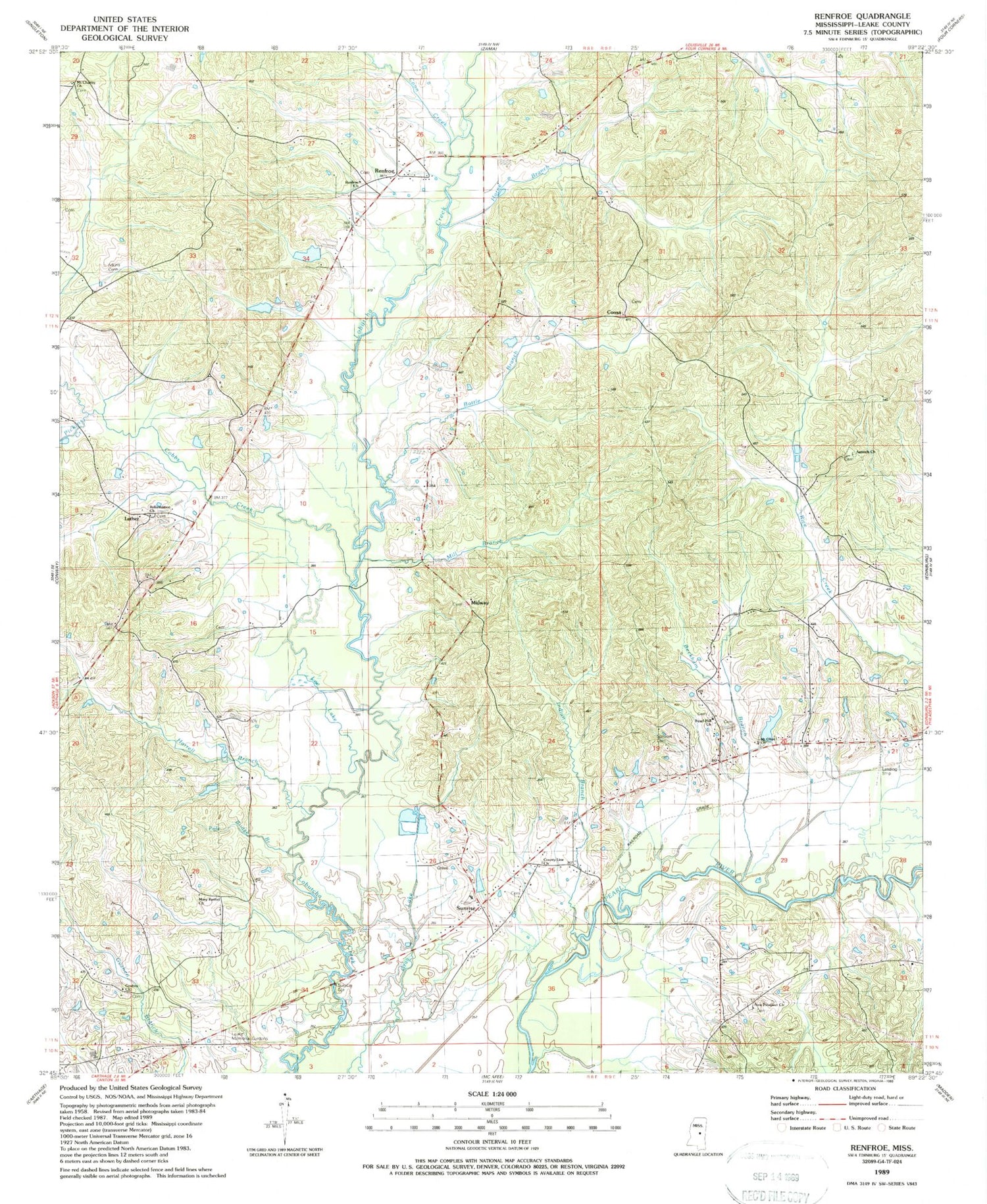 Classic USGS Renfroe Mississippi 7.5'x7.5' Topo Map Image