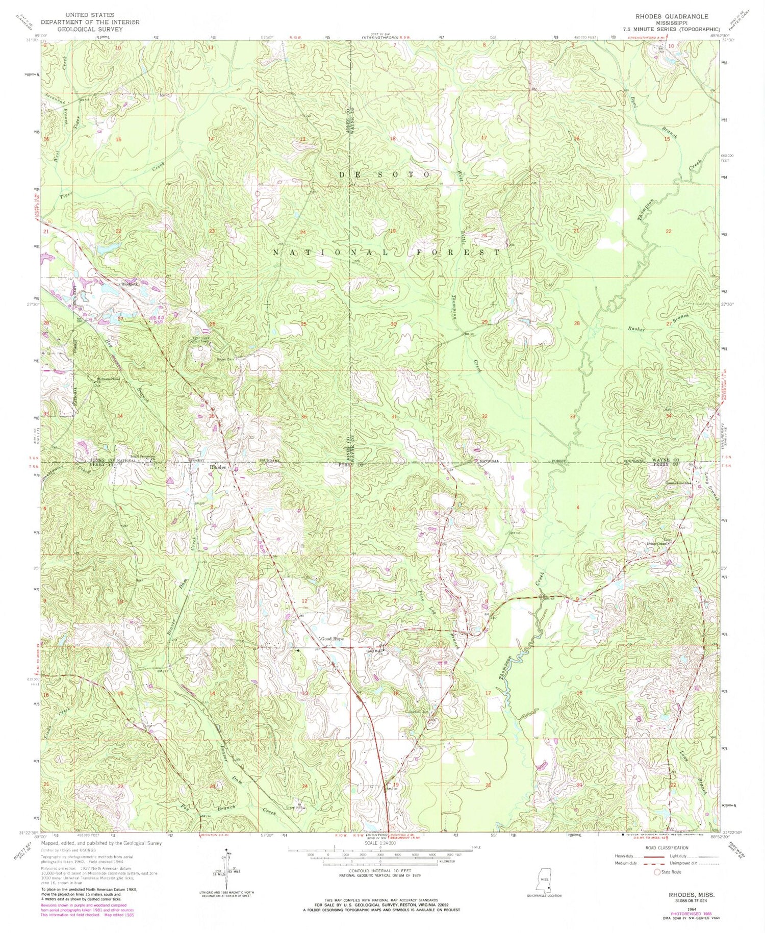 Classic USGS Rhodes Mississippi 7.5'x7.5' Topo Map Image