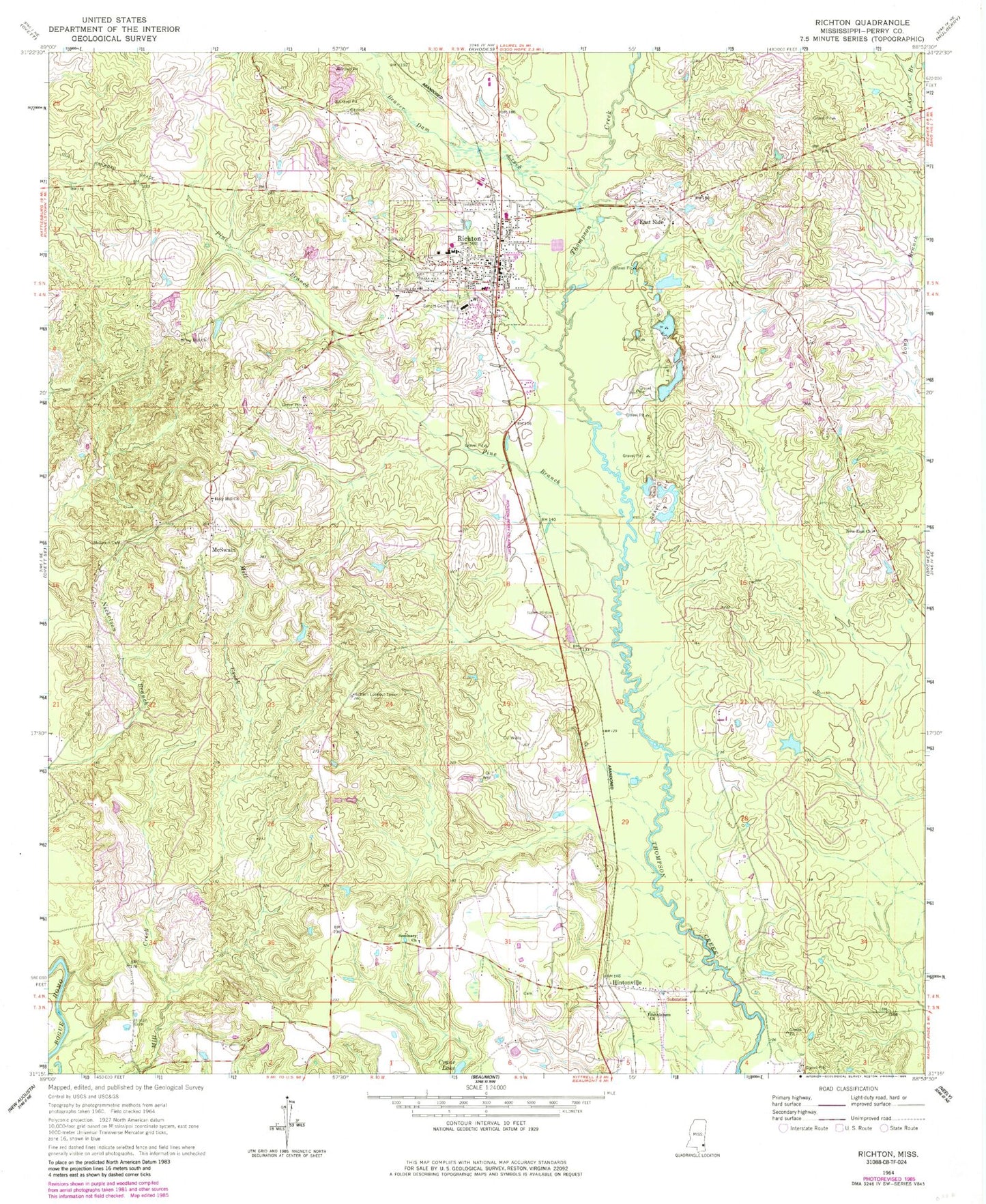 Classic USGS Richton Mississippi 7.5'x7.5' Topo Map Image