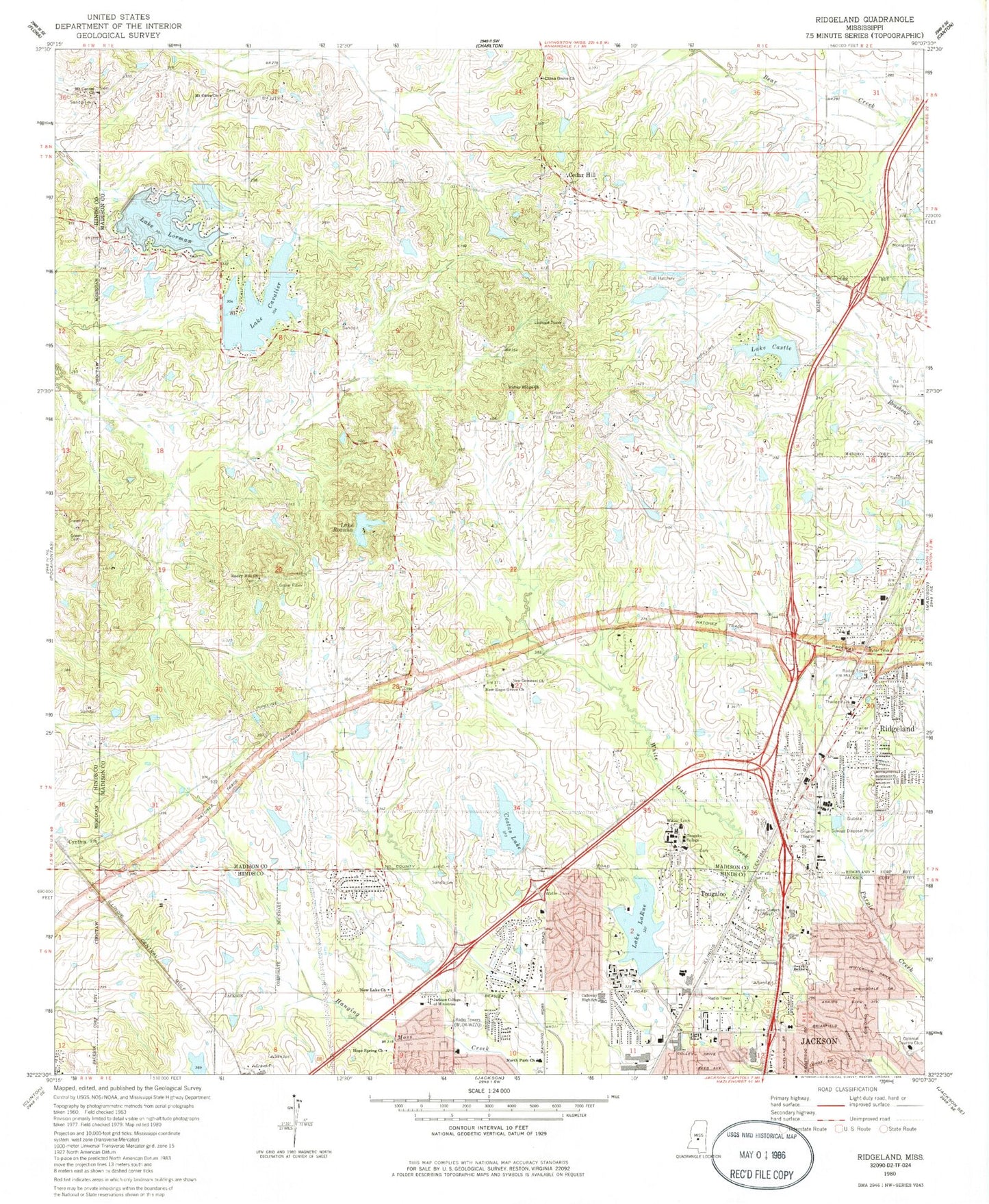 Classic USGS Ridgeland Mississippi 7.5'x7.5' Topo Map Image