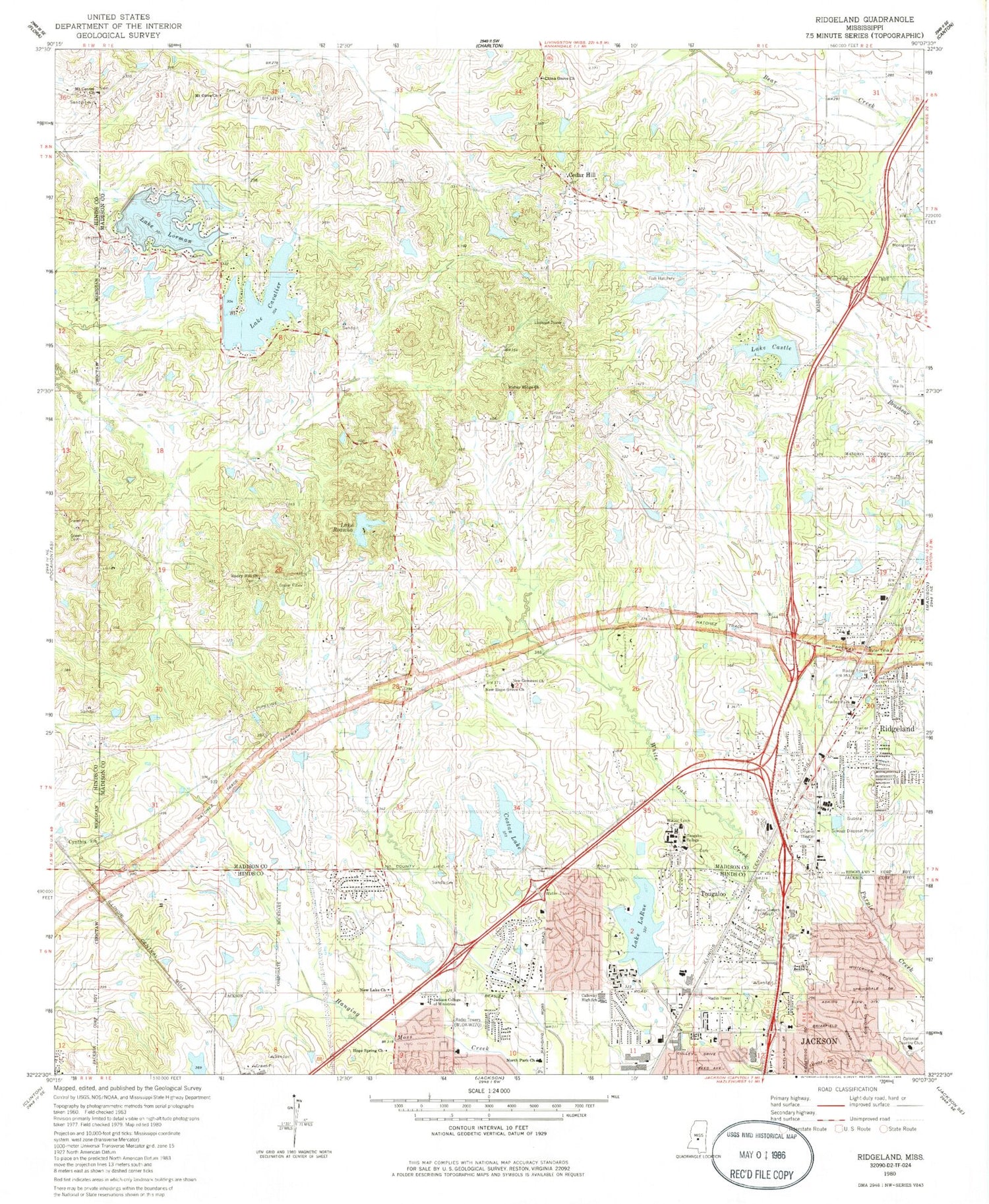 Classic USGS Ridgeland Mississippi 7.5'x7.5' Topo Map Image
