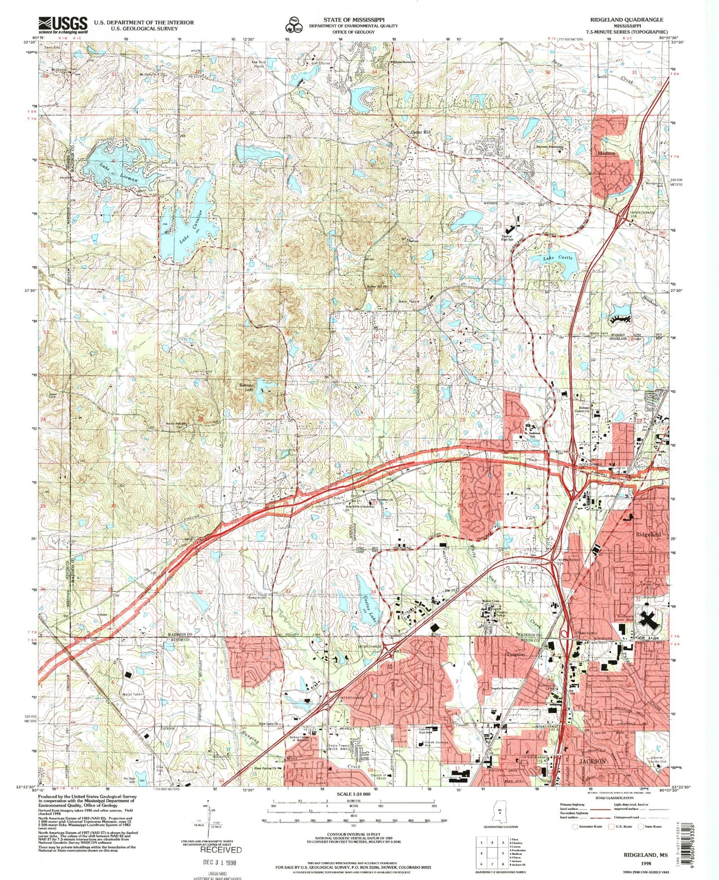 Classic USGS Ridgeland Mississippi 7.5'x7.5' Topo Map Image
