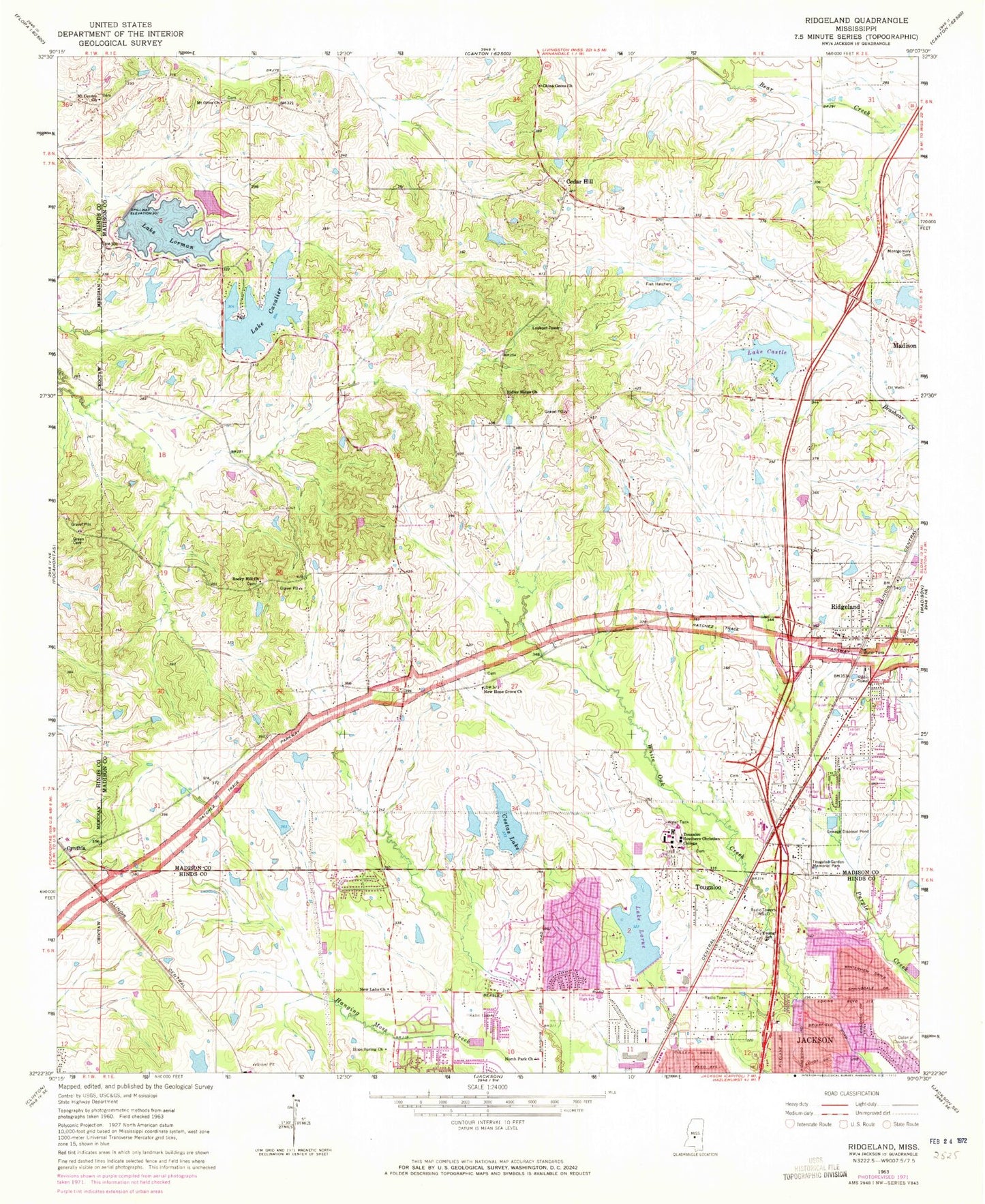 Classic USGS Ridgeland Mississippi 7.5'x7.5' Topo Map Image