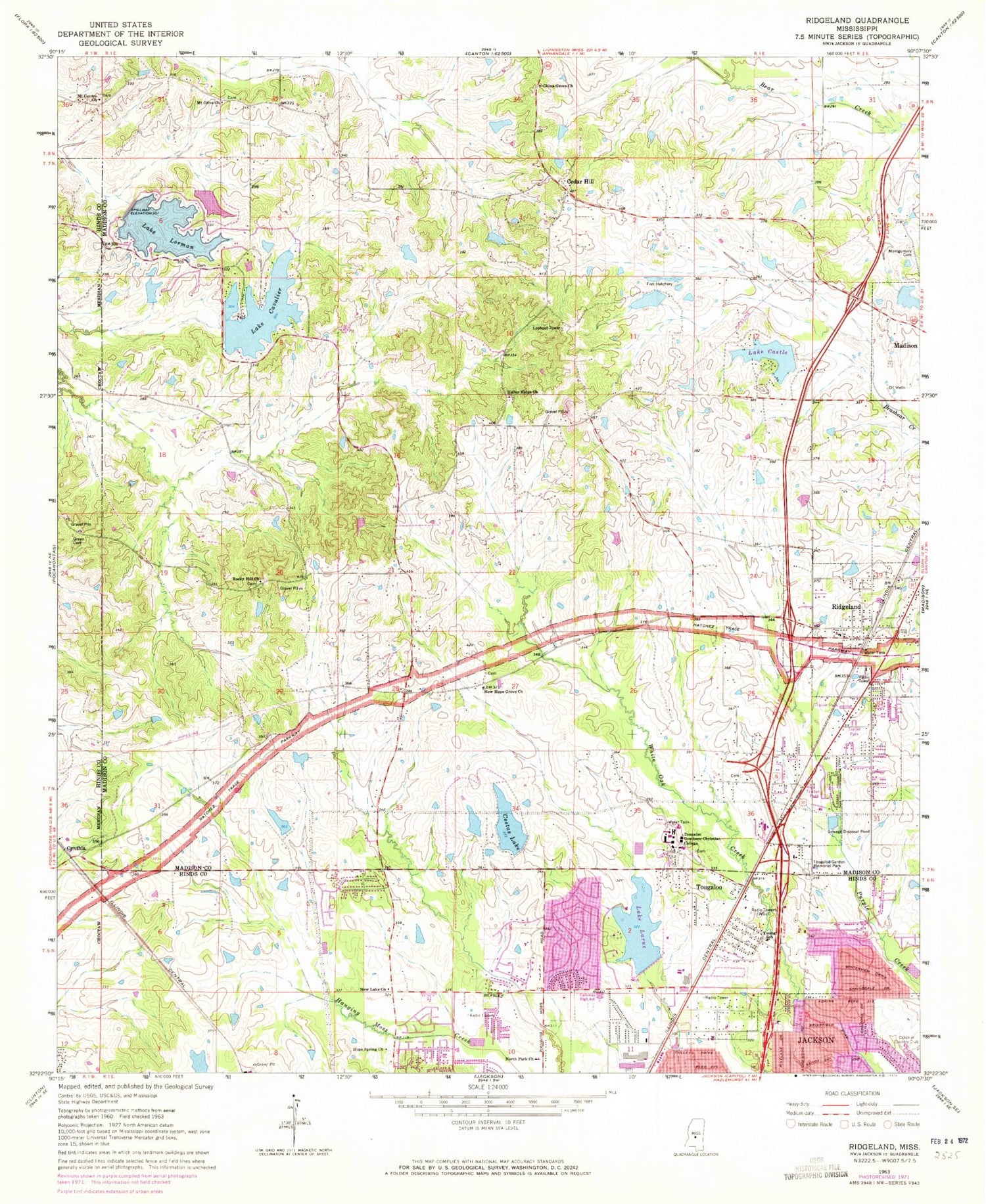 Classic USGS Ridgeland Mississippi 7.5'x7.5' Topo Map Image