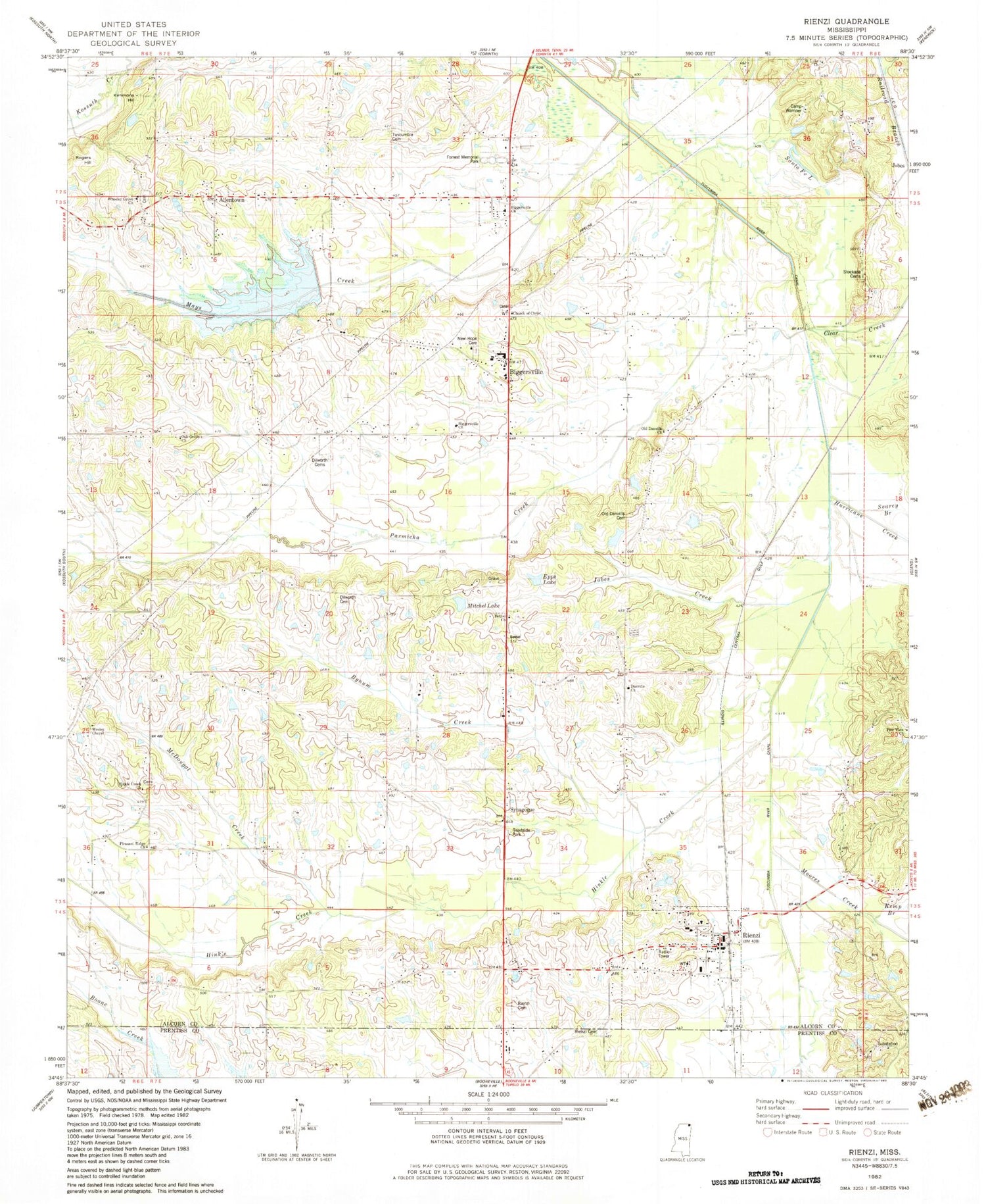 Classic USGS Rienzi Mississippi 7.5'x7.5' Topo Map Image