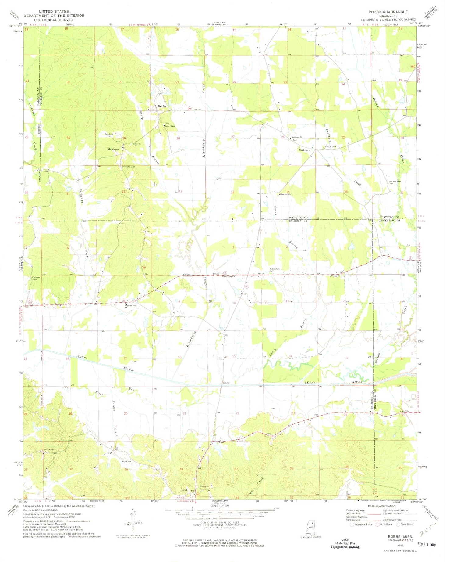 Classic USGS Robbs Mississippi 7.5'x7.5' Topo Map Image