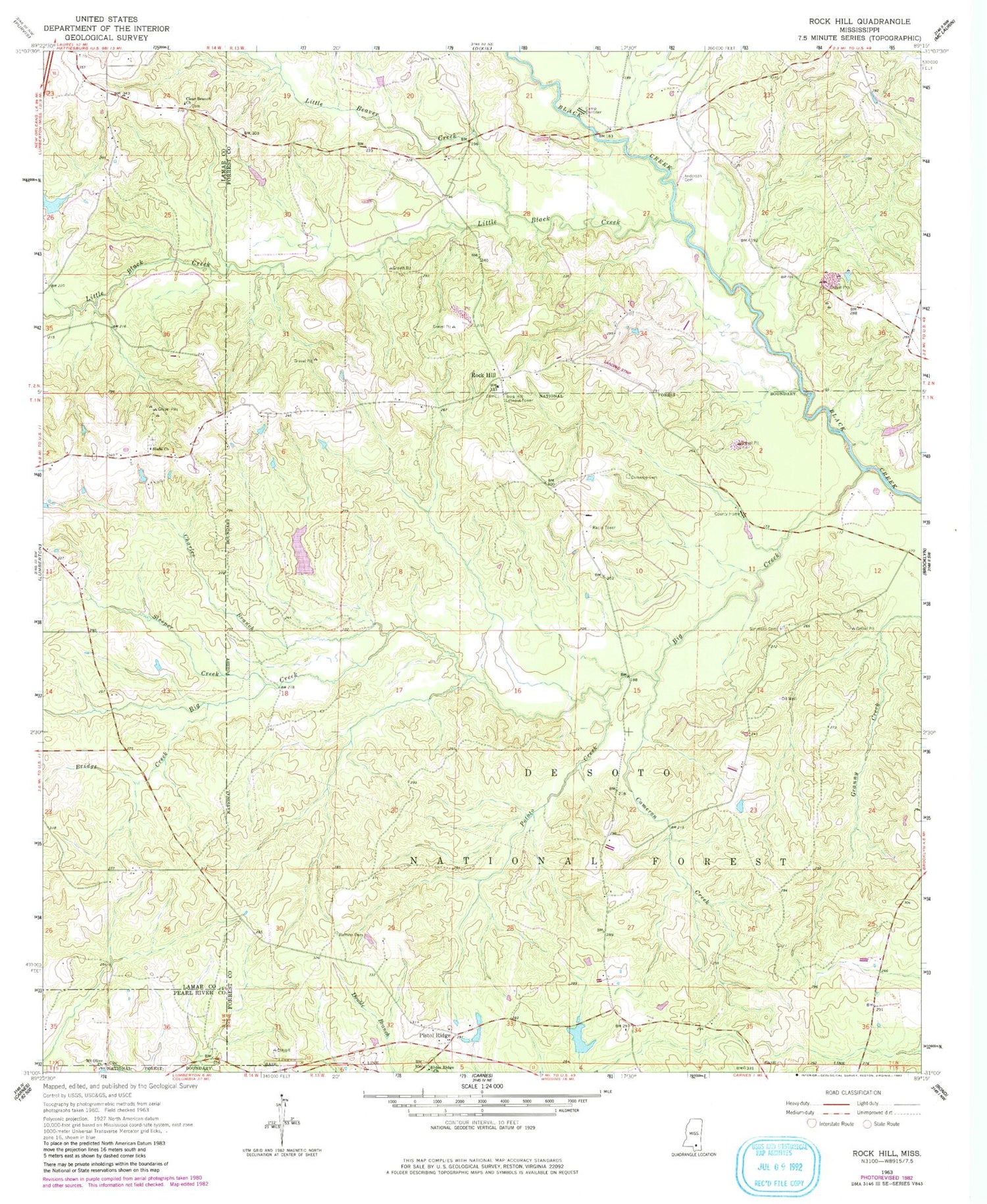 Classic USGS Rock Hill Mississippi 7.5'x7.5' Topo Map Image