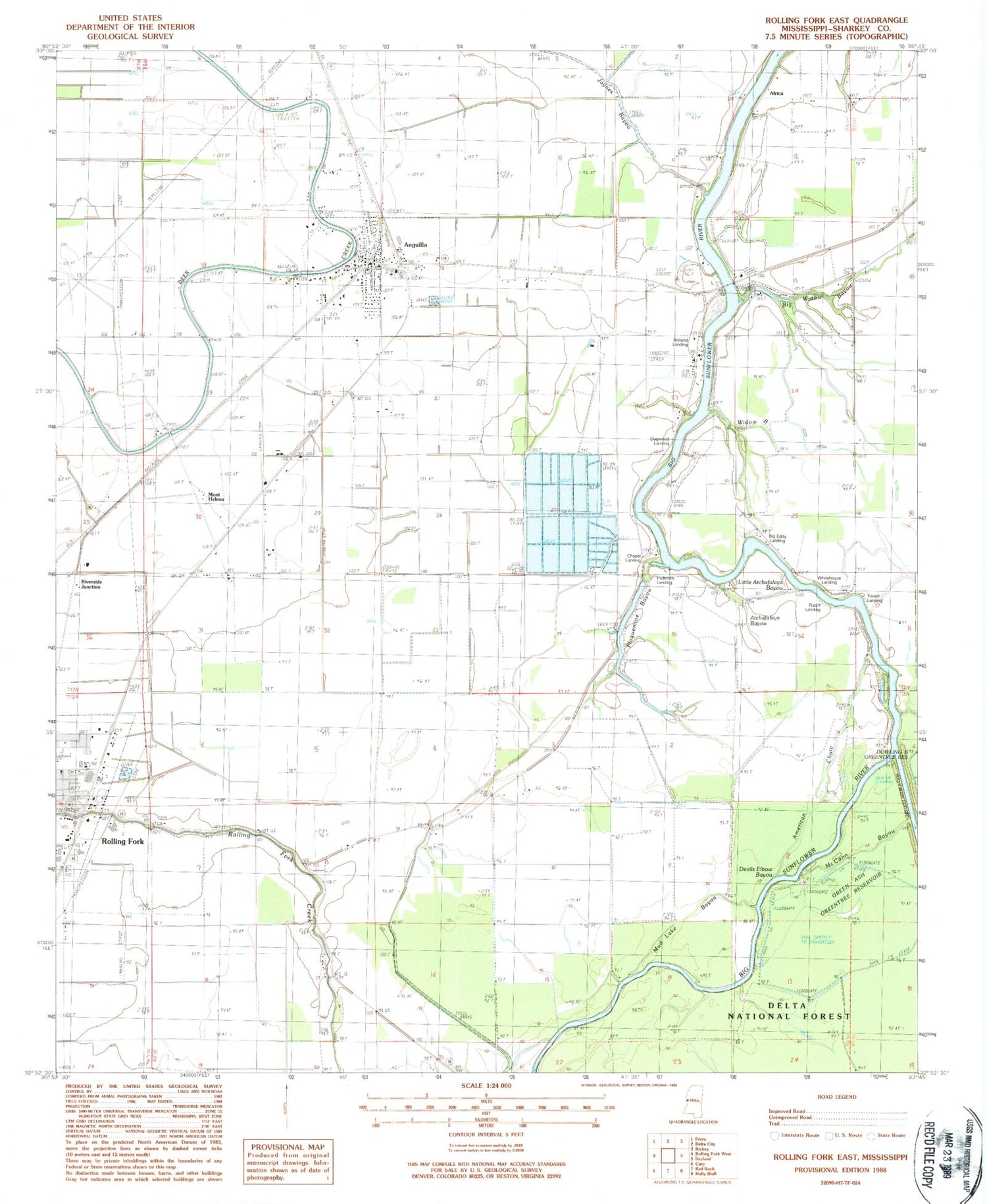 Classic USGS Rolling Fork East Mississippi 7.5'x7.5' Topo Map Image