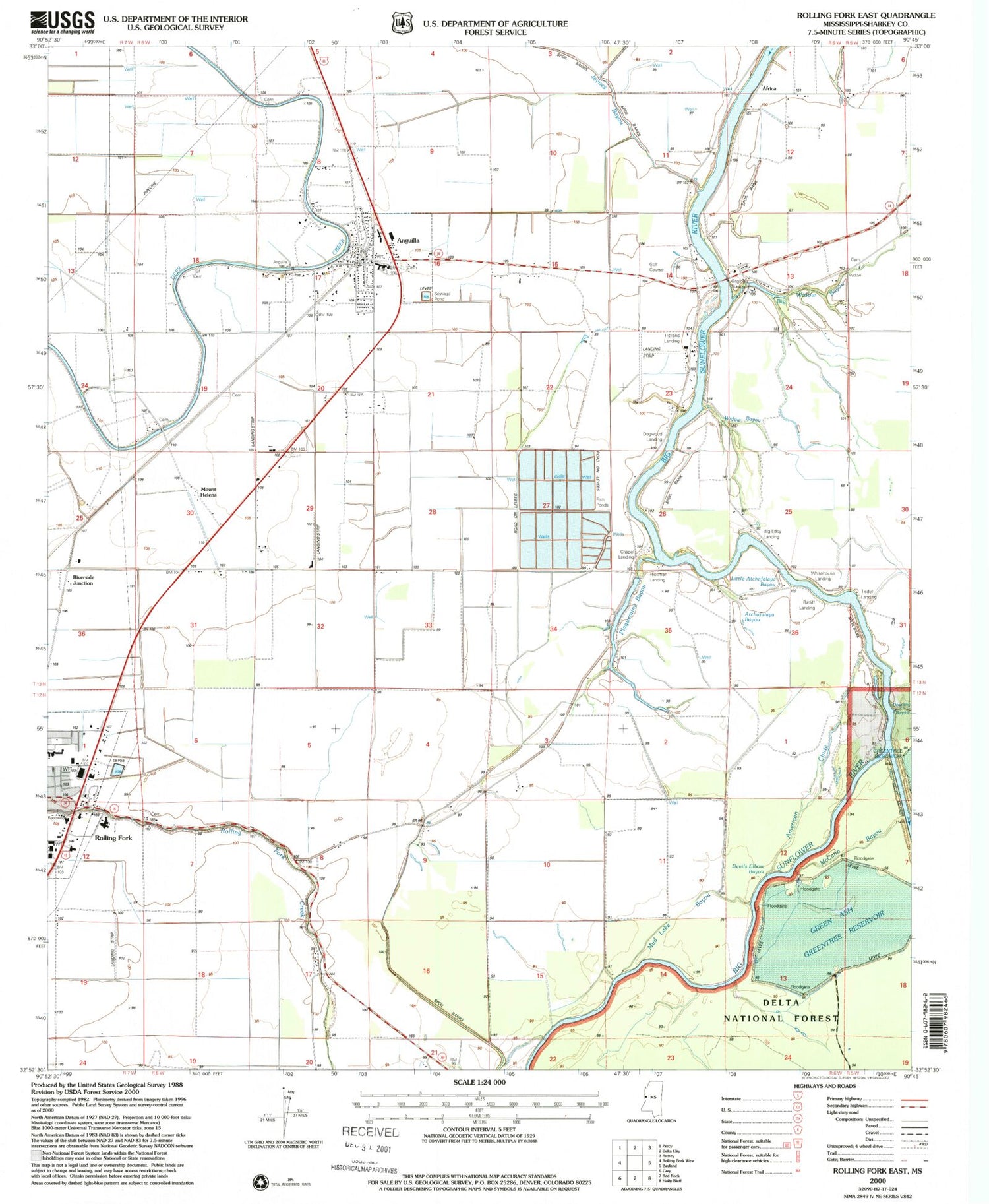 Classic USGS Rolling Fork East Mississippi 7.5'x7.5' Topo Map Image