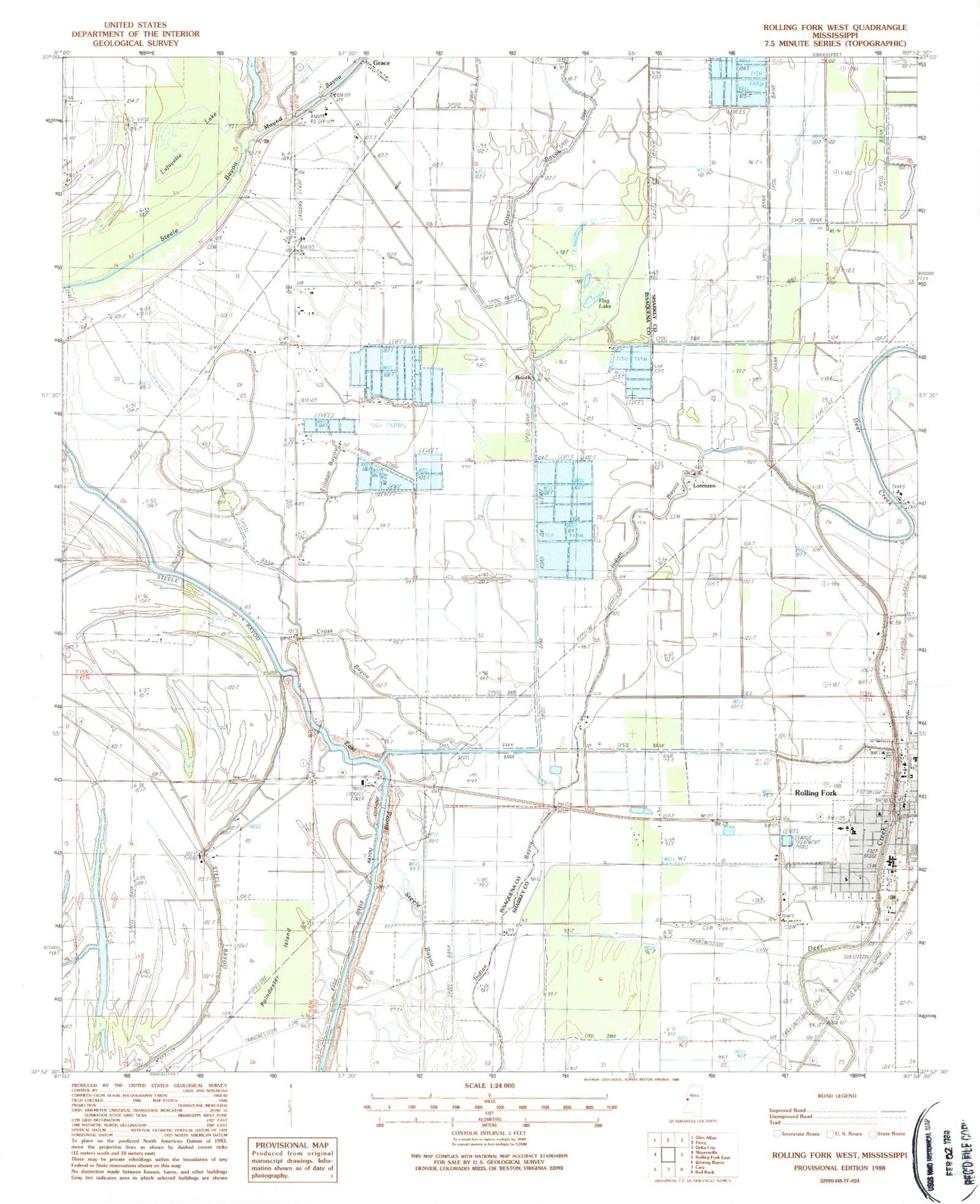 Classic USGS Rolling Fork West Mississippi 7.5'x7.5' Topo Map Image