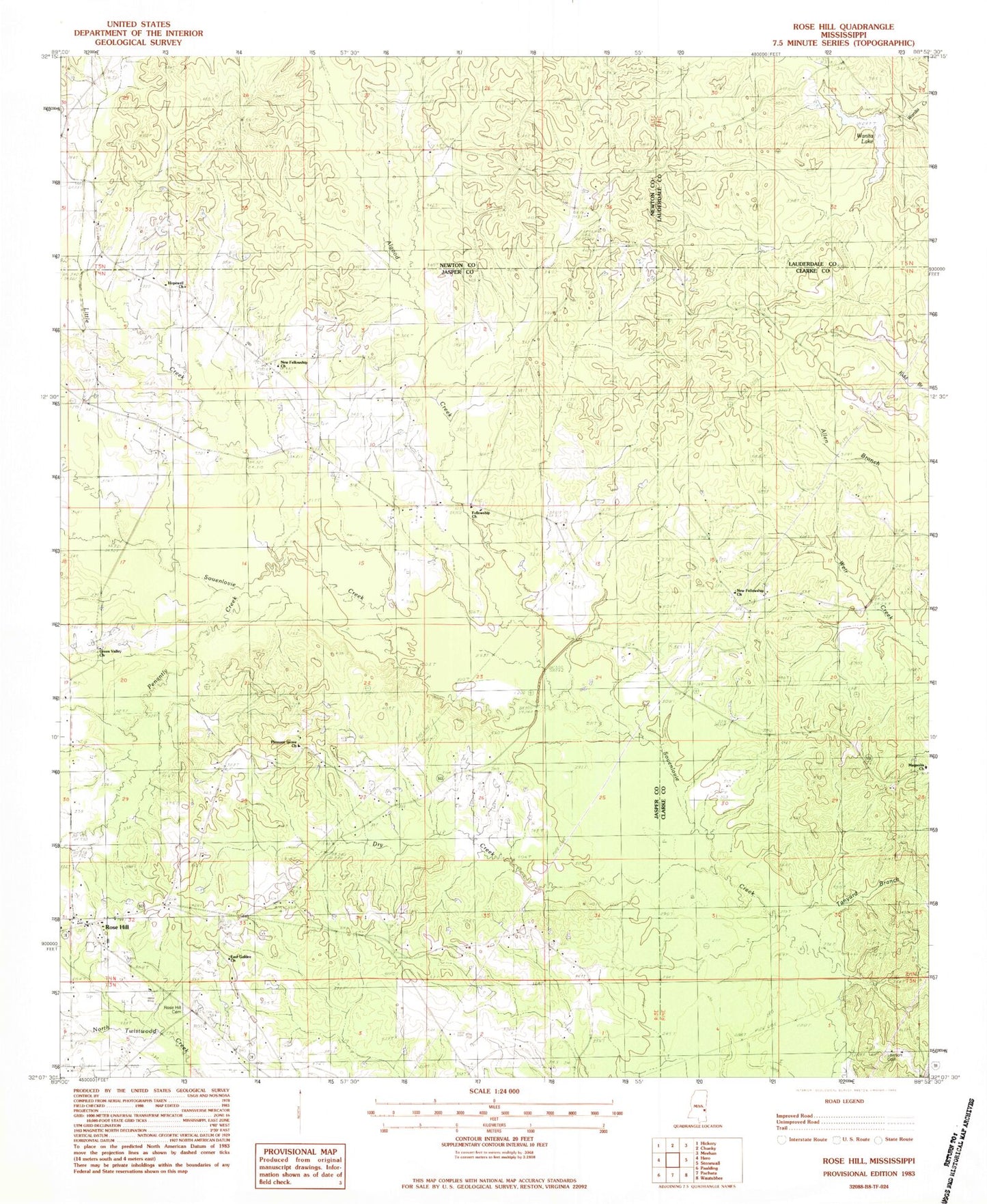 Classic USGS Rose Hill Mississippi 7.5'x7.5' Topo Map Image