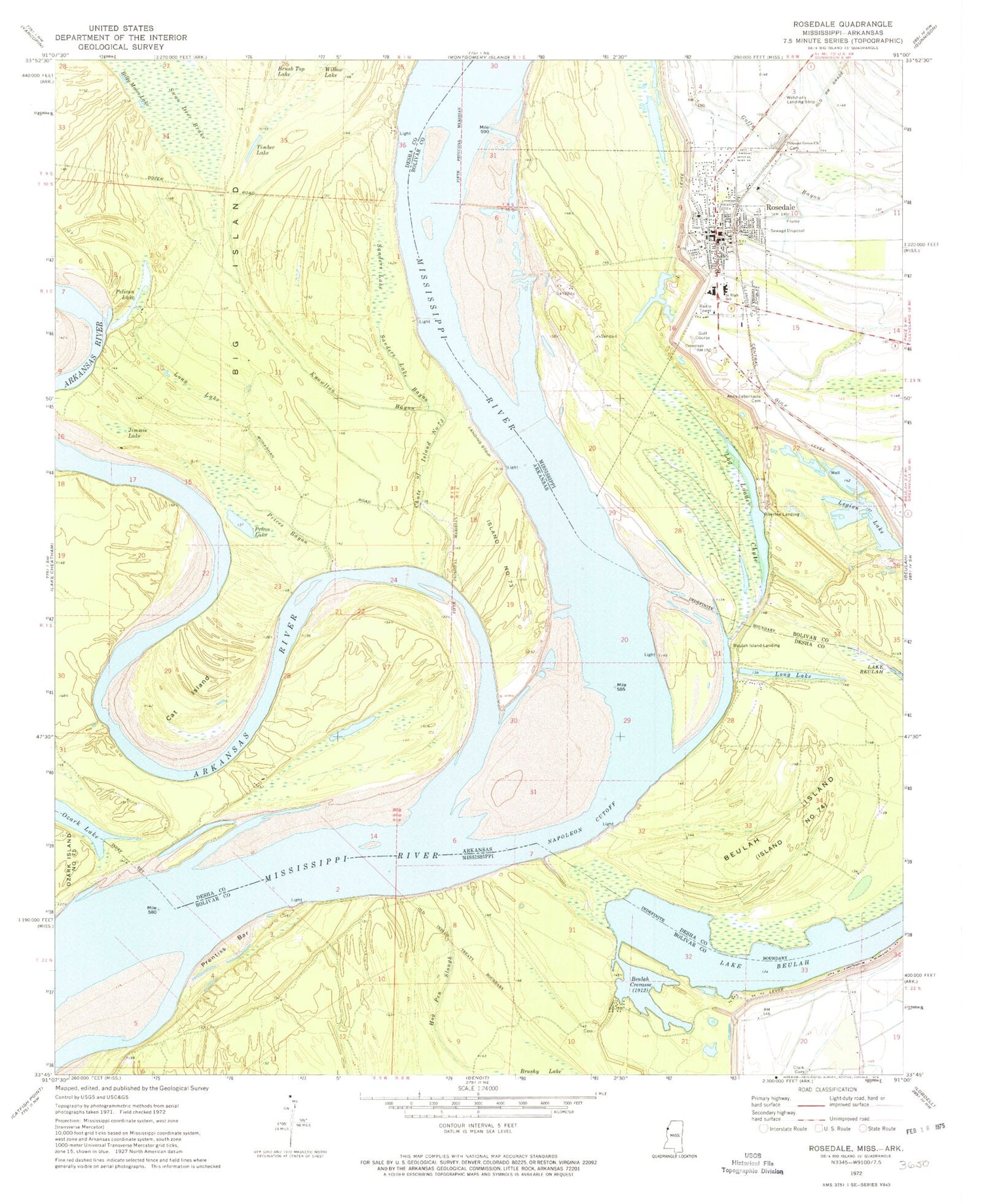 Classic USGS Rosedale Mississippi 7.5'x7.5' Topo Map Image