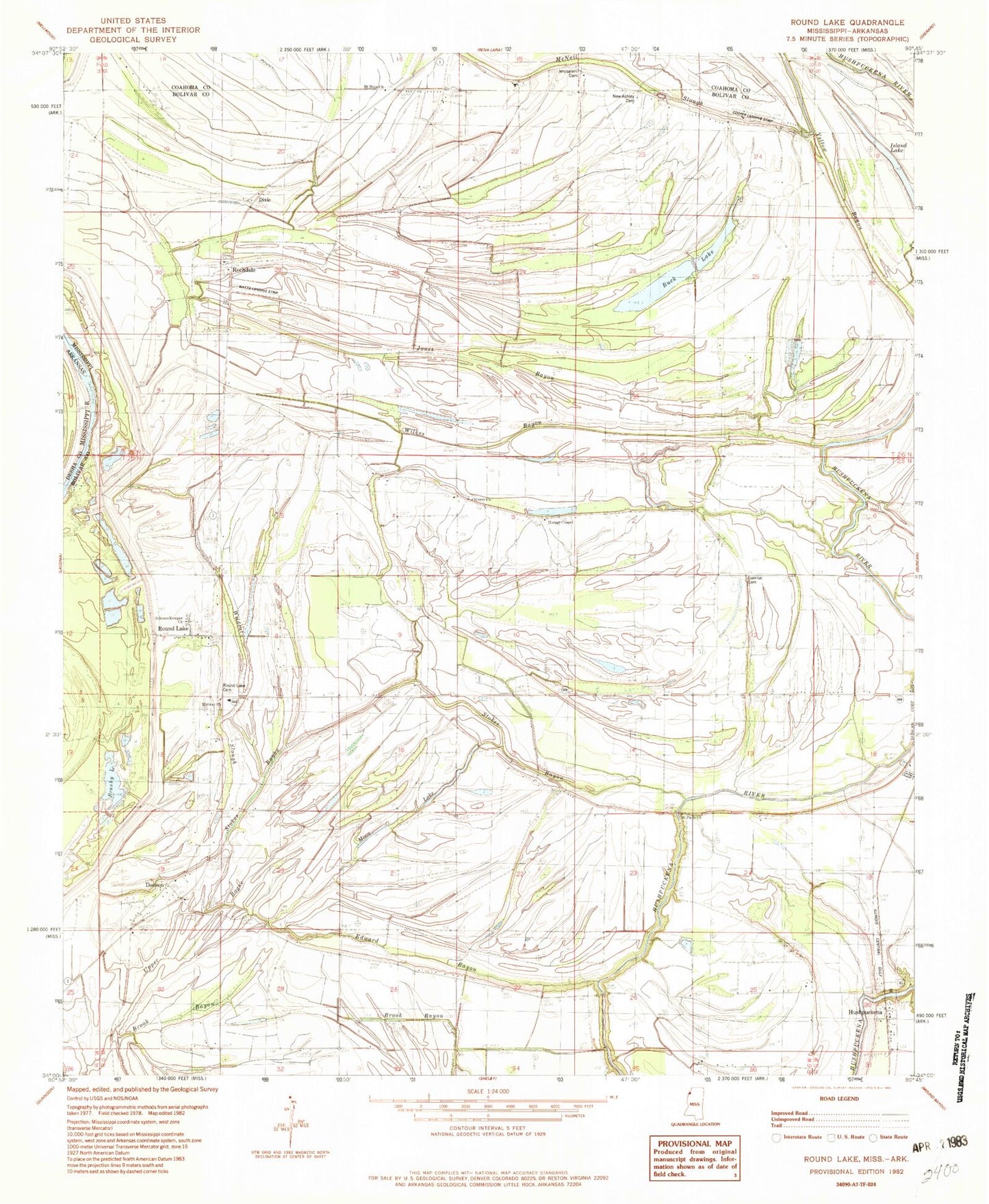 Classic USGS Round Lake Mississippi 7.5'x7.5' Topo Map Image