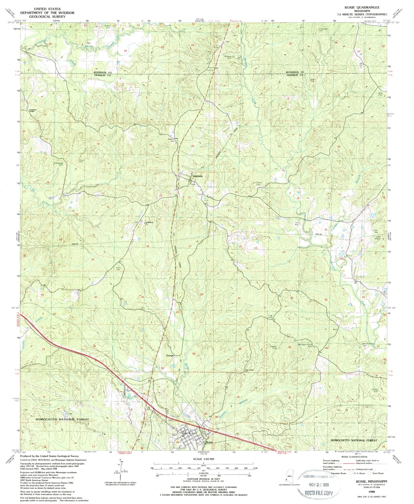 Classic USGS Roxie Mississippi 7.5'x7.5' Topo Map Image