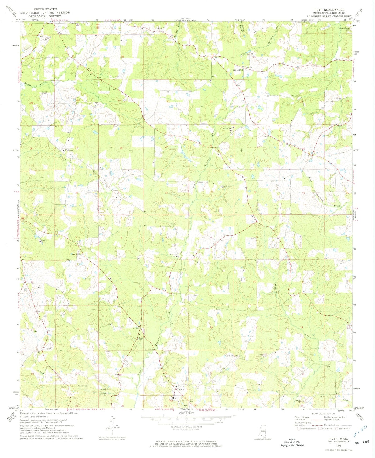 Classic USGS Ruth Mississippi 7.5'x7.5' Topo Map Image