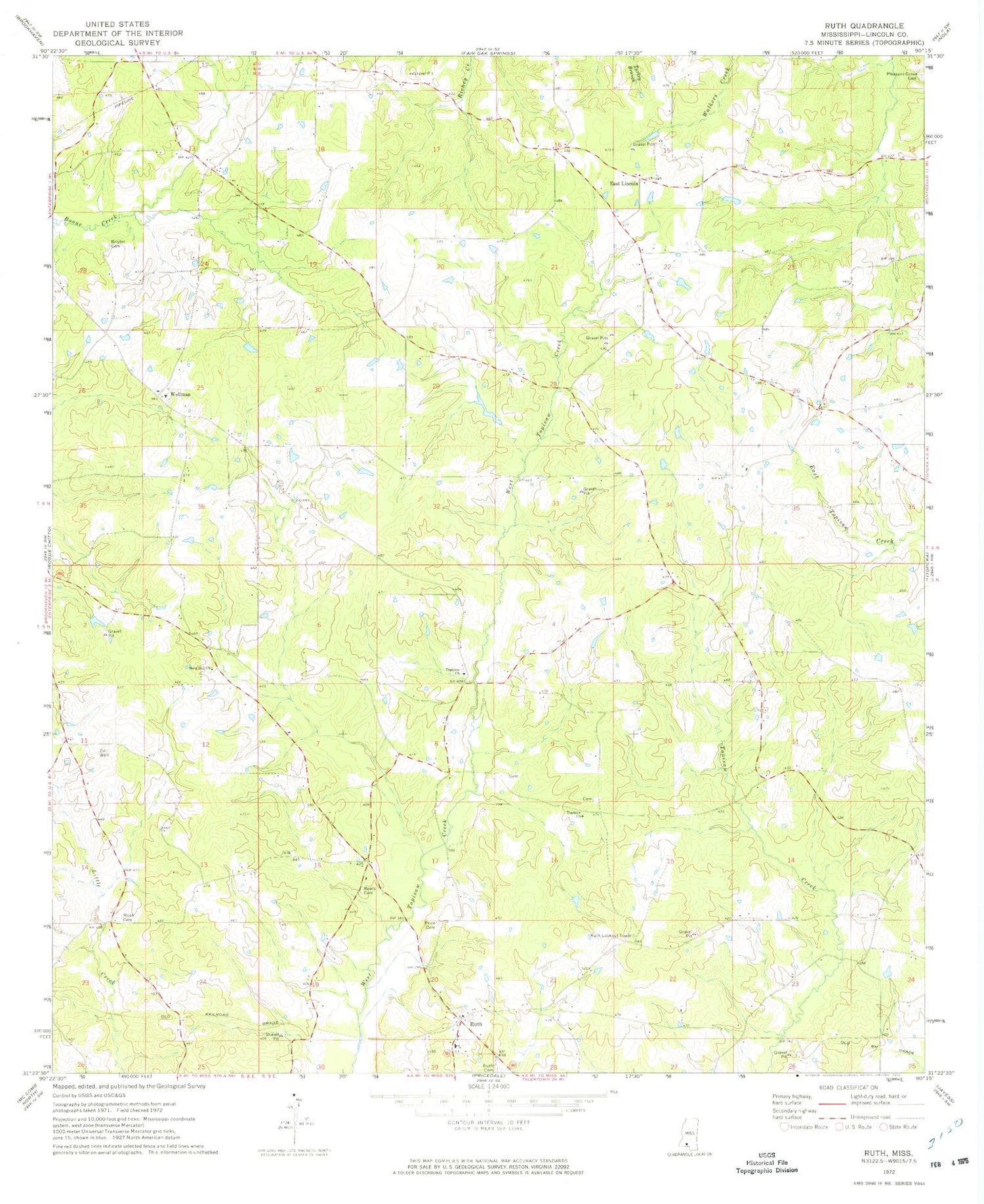 Classic USGS Ruth Mississippi 7.5'x7.5' Topo Map Image