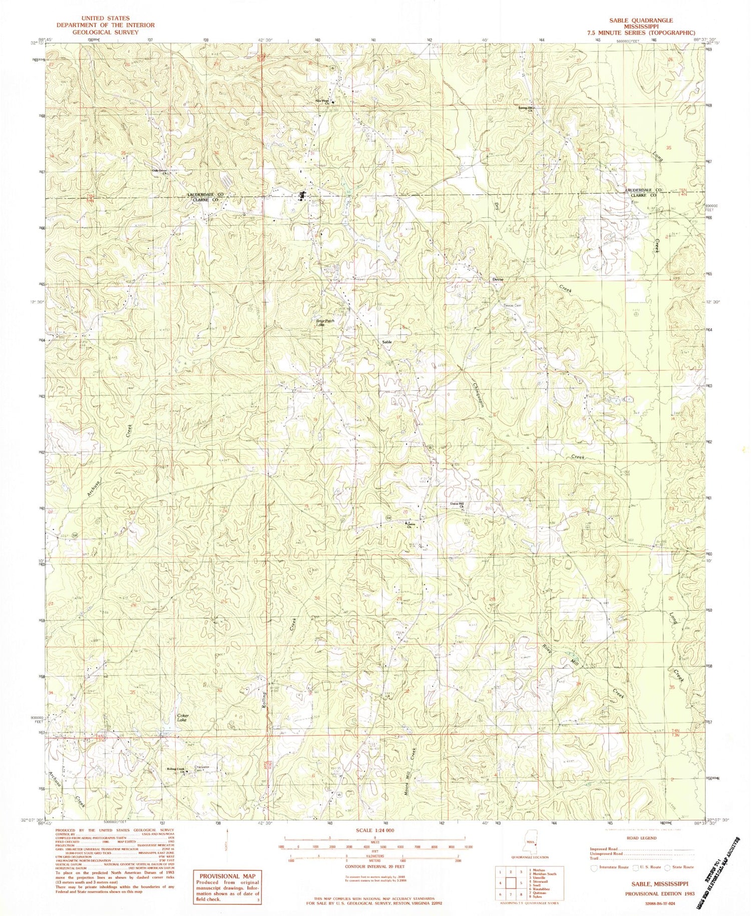 Classic USGS Sable Mississippi 7.5'x7.5' Topo Map Image
