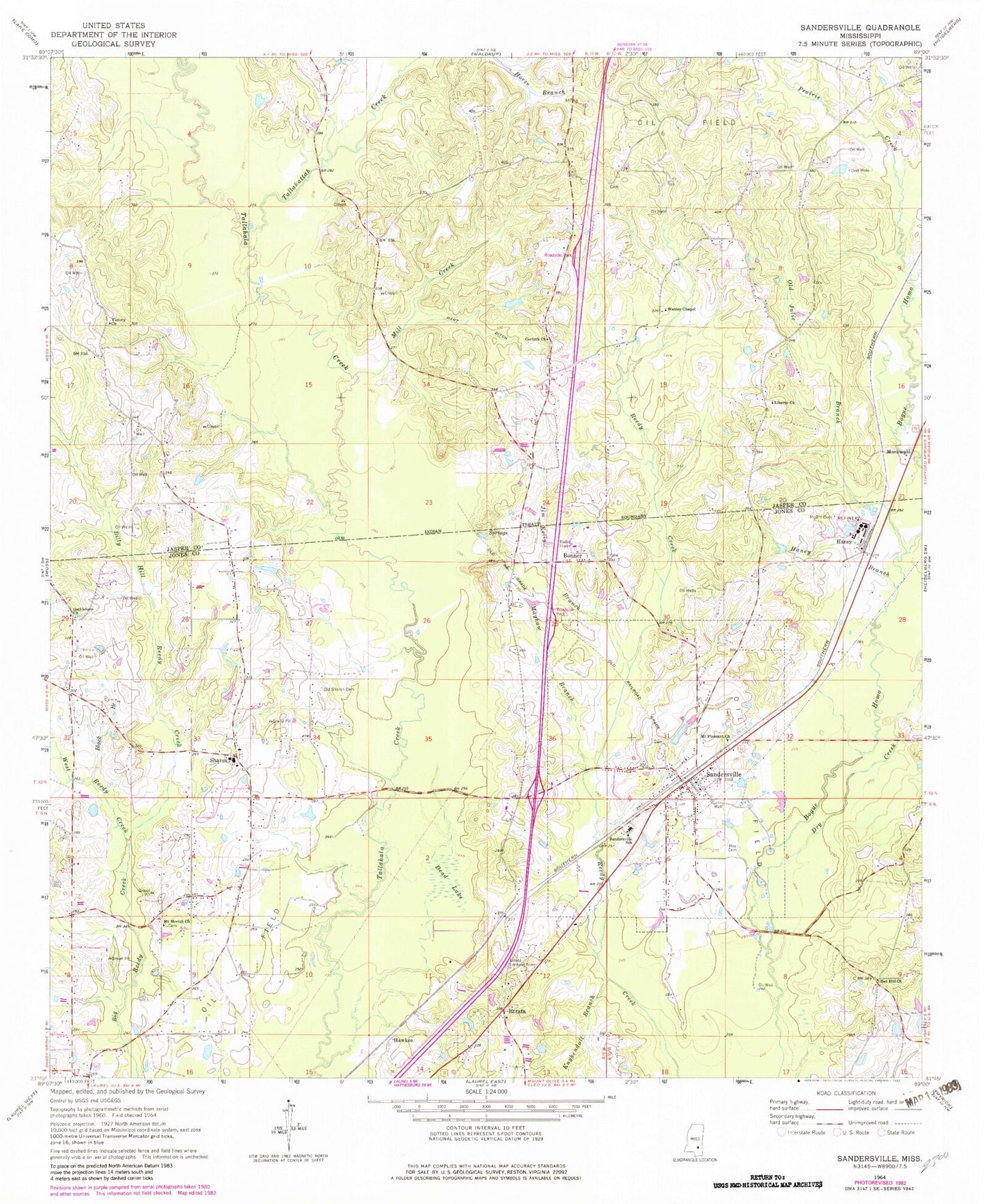 Classic USGS Sandersville Mississippi 7.5'x7.5' Topo Map Image