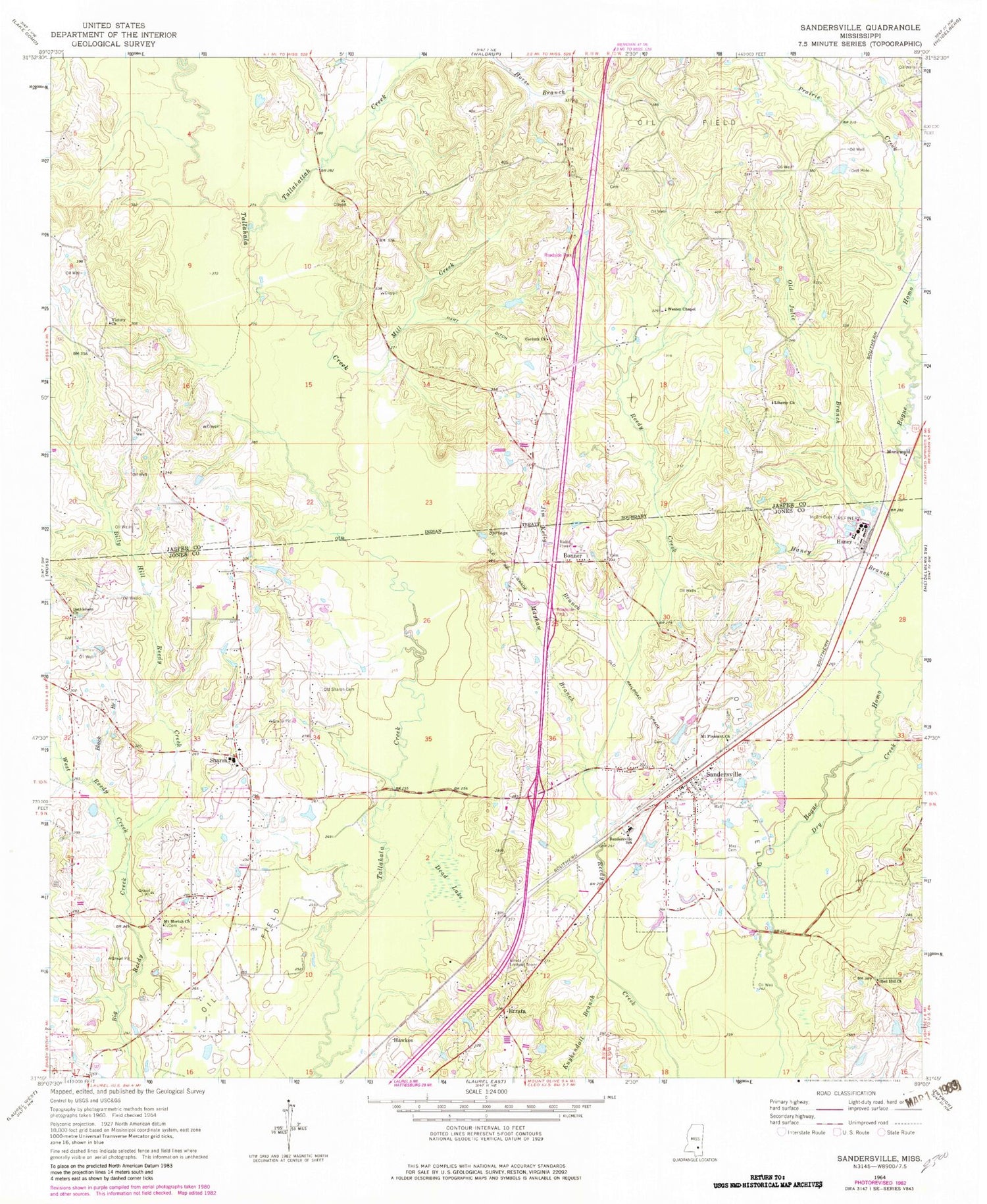 Classic USGS Sandersville Mississippi 7.5'x7.5' Topo Map Image