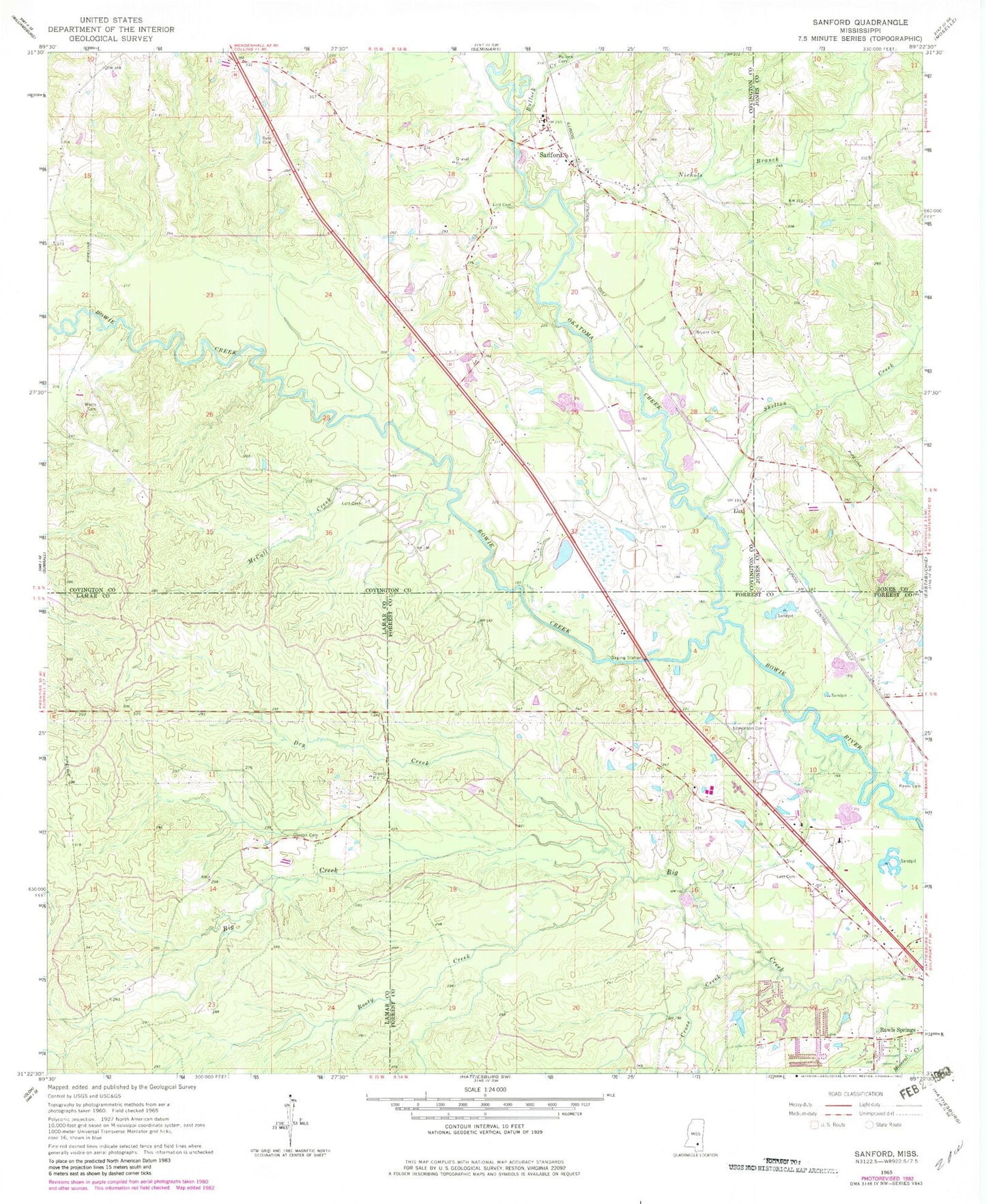 Classic USGS Sanford Mississippi 7.5'x7.5' Topo Map Image