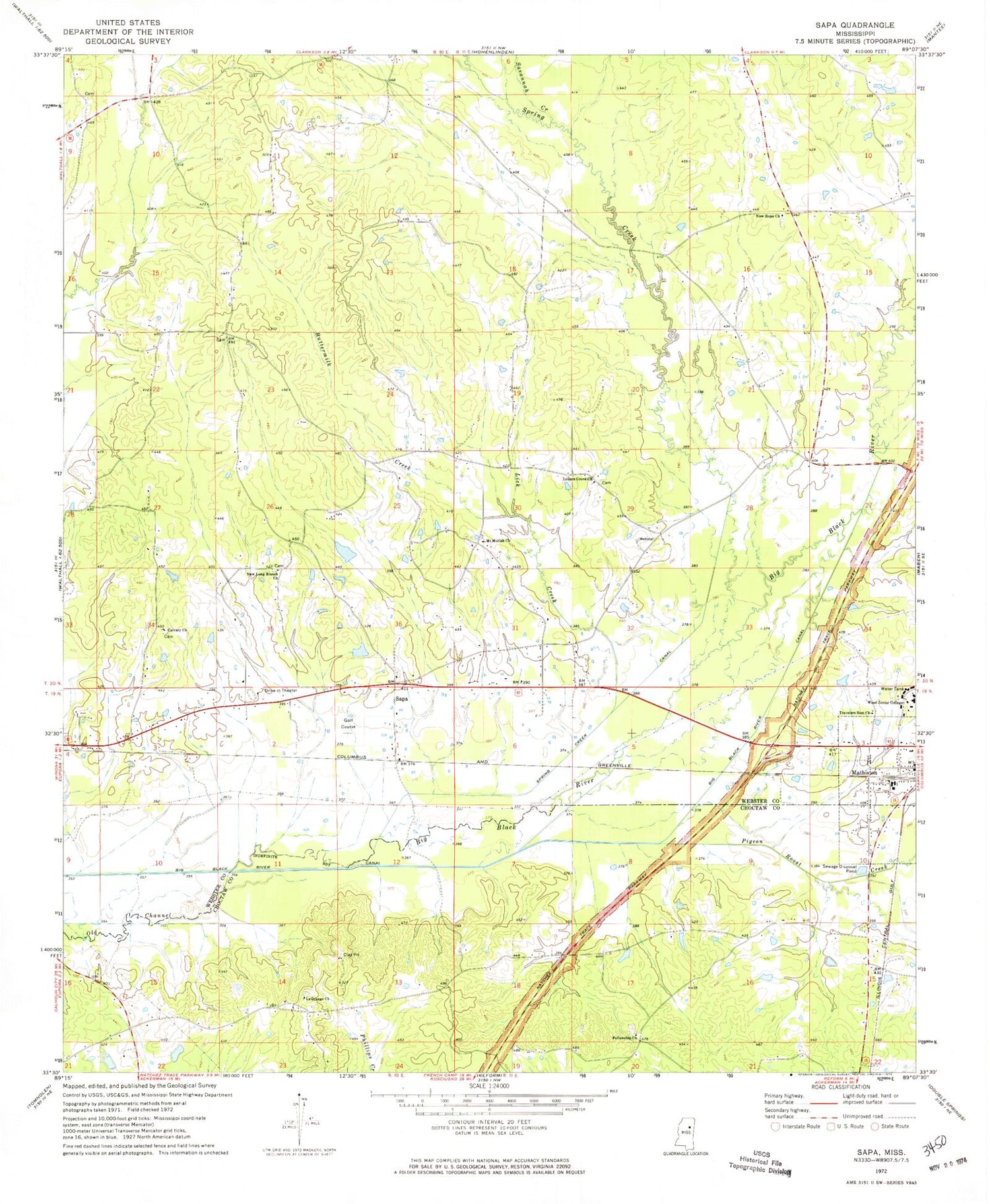 Classic USGS Sapa Mississippi 7.5'x7.5' Topo Map Image