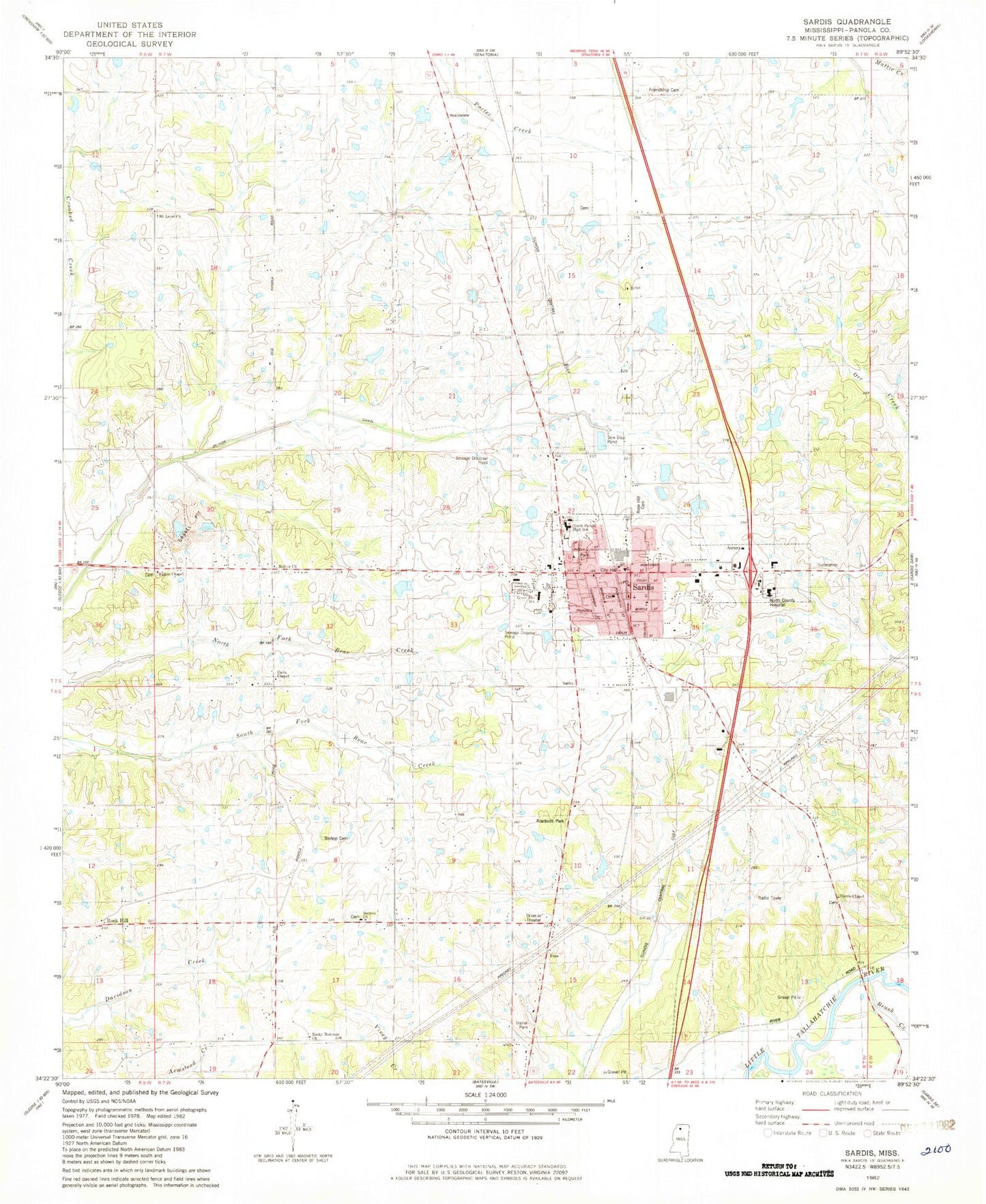 Classic USGS Sardis Mississippi 7.5'x7.5' Topo Map Image
