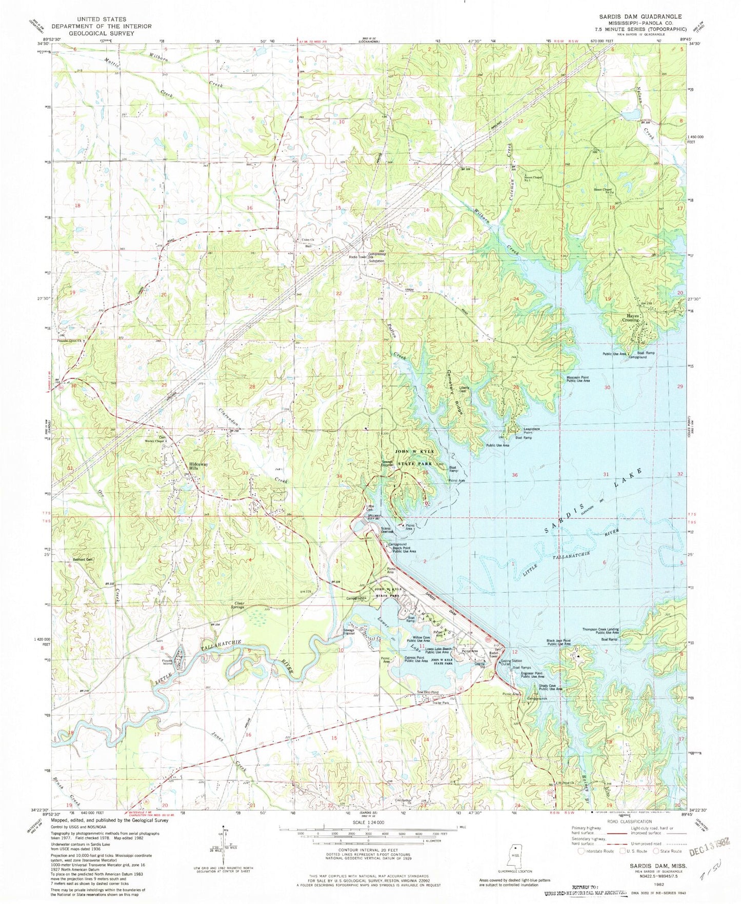 Classic USGS Sardis Dam Mississippi 7.5'x7.5' Topo Map Image