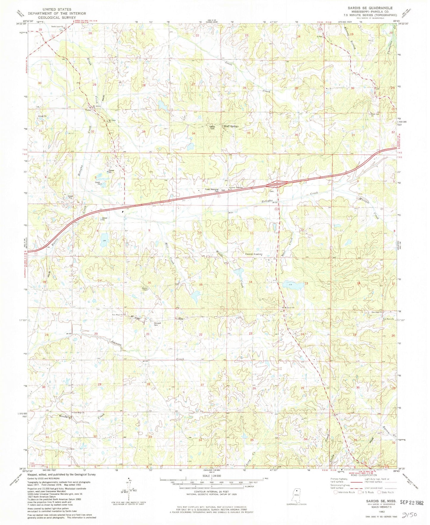 Classic USGS Sardis SE Mississippi 7.5'x7.5' Topo Map Image