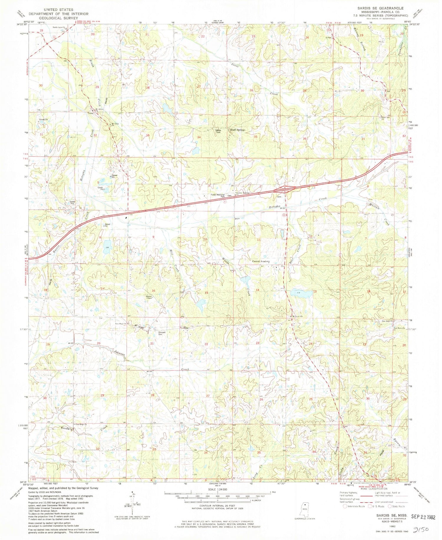 Classic USGS Sardis SE Mississippi 7.5'x7.5' Topo Map Image