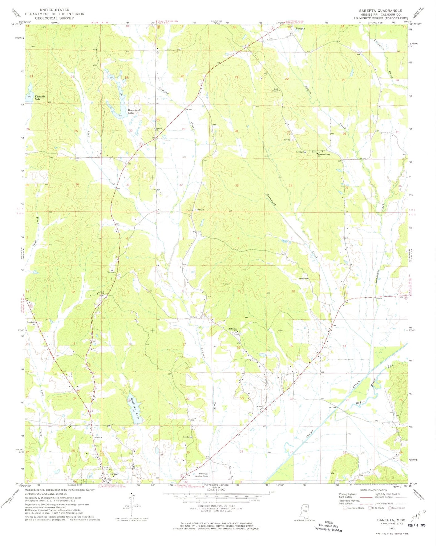 Classic USGS Sarepta Mississippi 7.5'x7.5' Topo Map Image