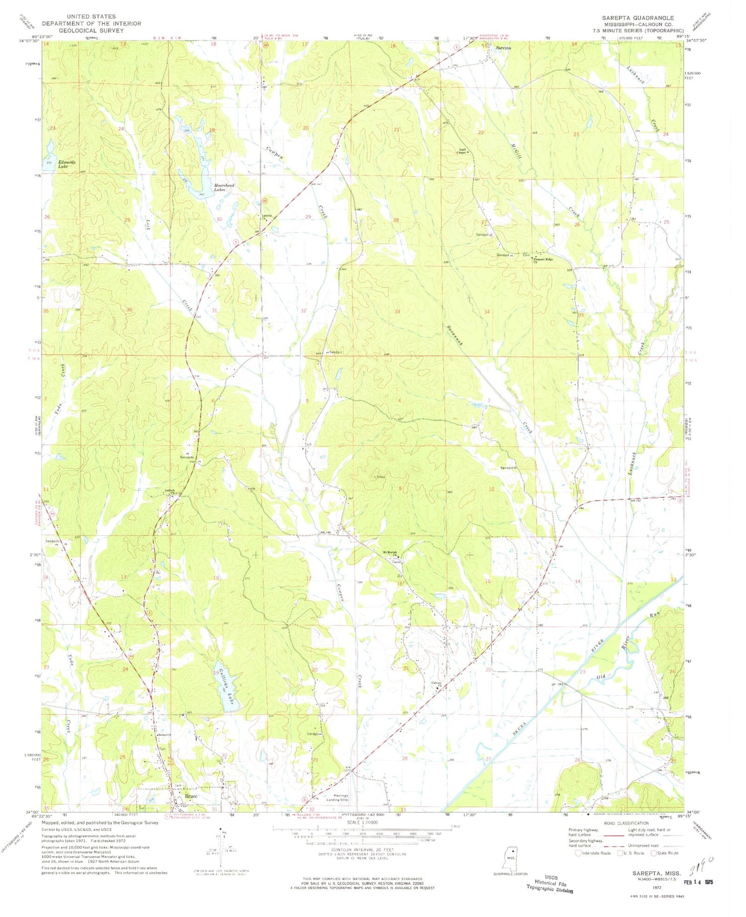 Classic USGS Sarepta Mississippi 7.5'x7.5' Topo Map Image