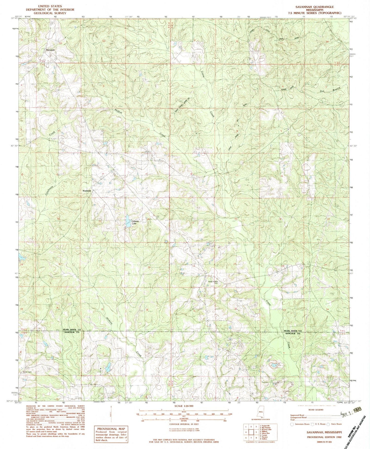 Classic USGS Savannah Mississippi 7.5'x7.5' Topo Map Image