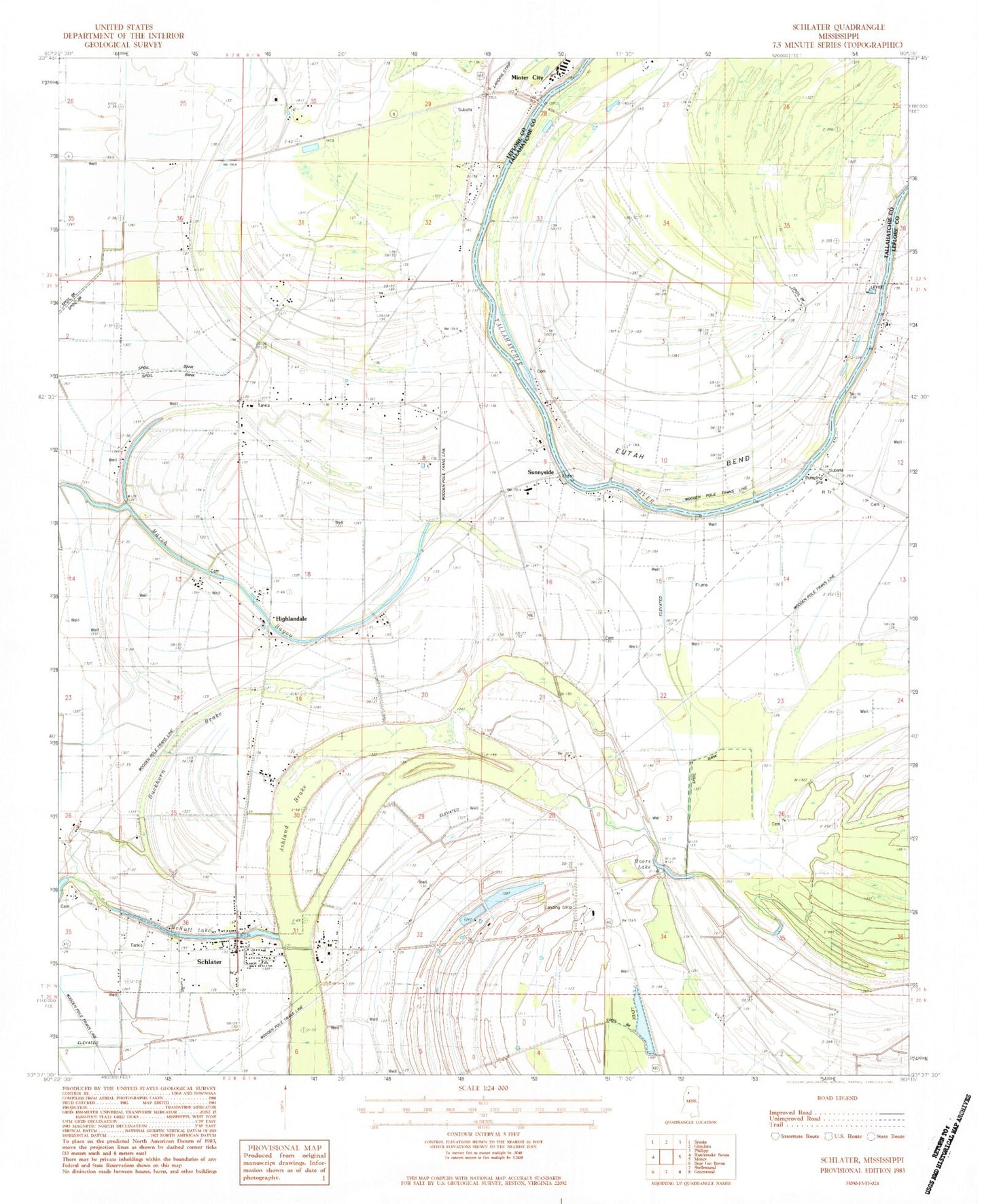 Classic USGS Schlater Mississippi 7.5'x7.5' Topo Map Image