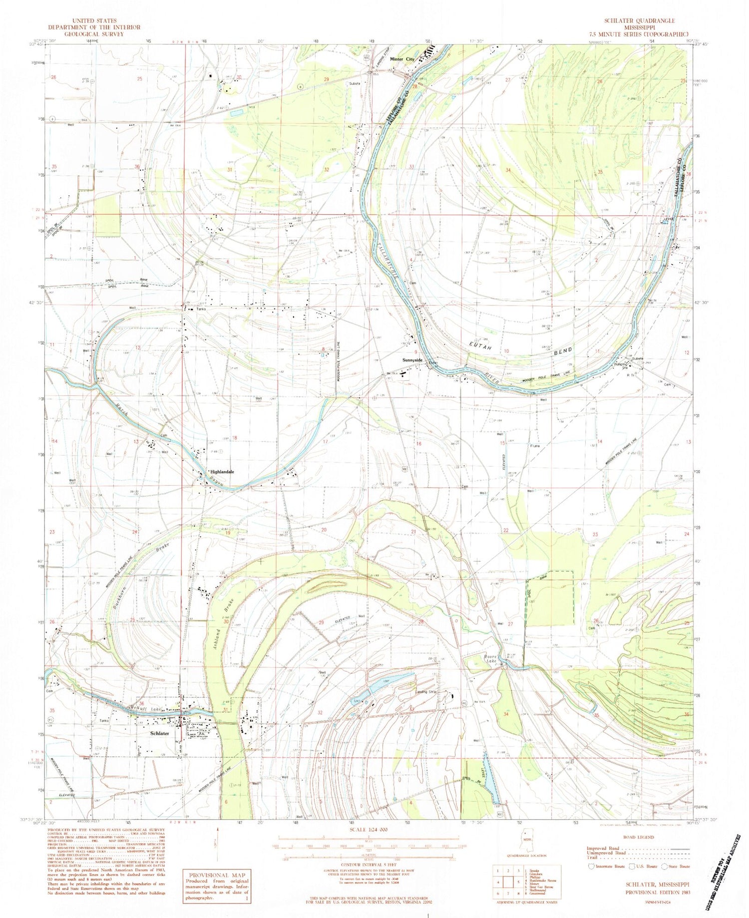 Classic USGS Schlater Mississippi 7.5'x7.5' Topo Map Image