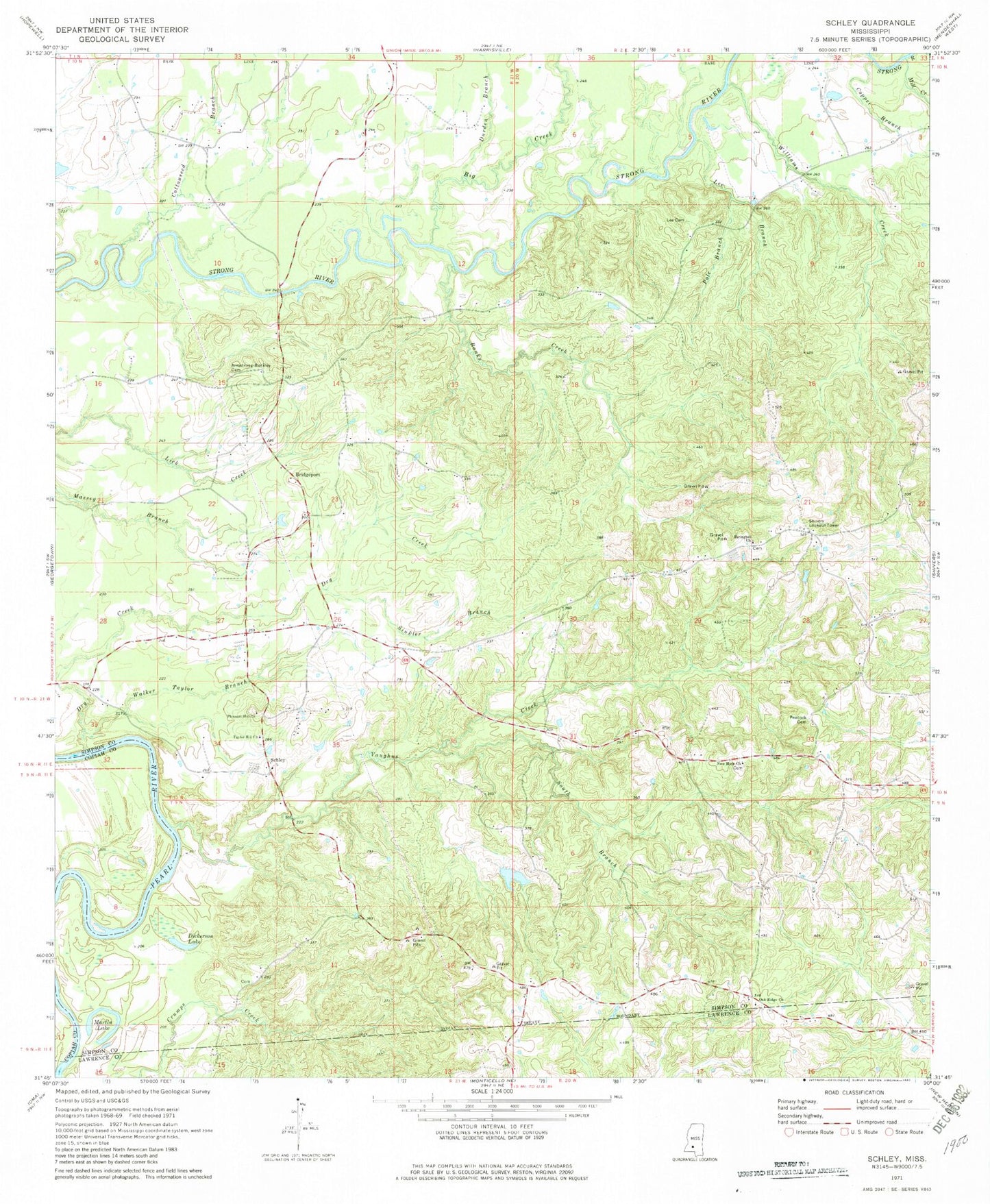 Classic USGS Schley Mississippi 7.5'x7.5' Topo Map Image