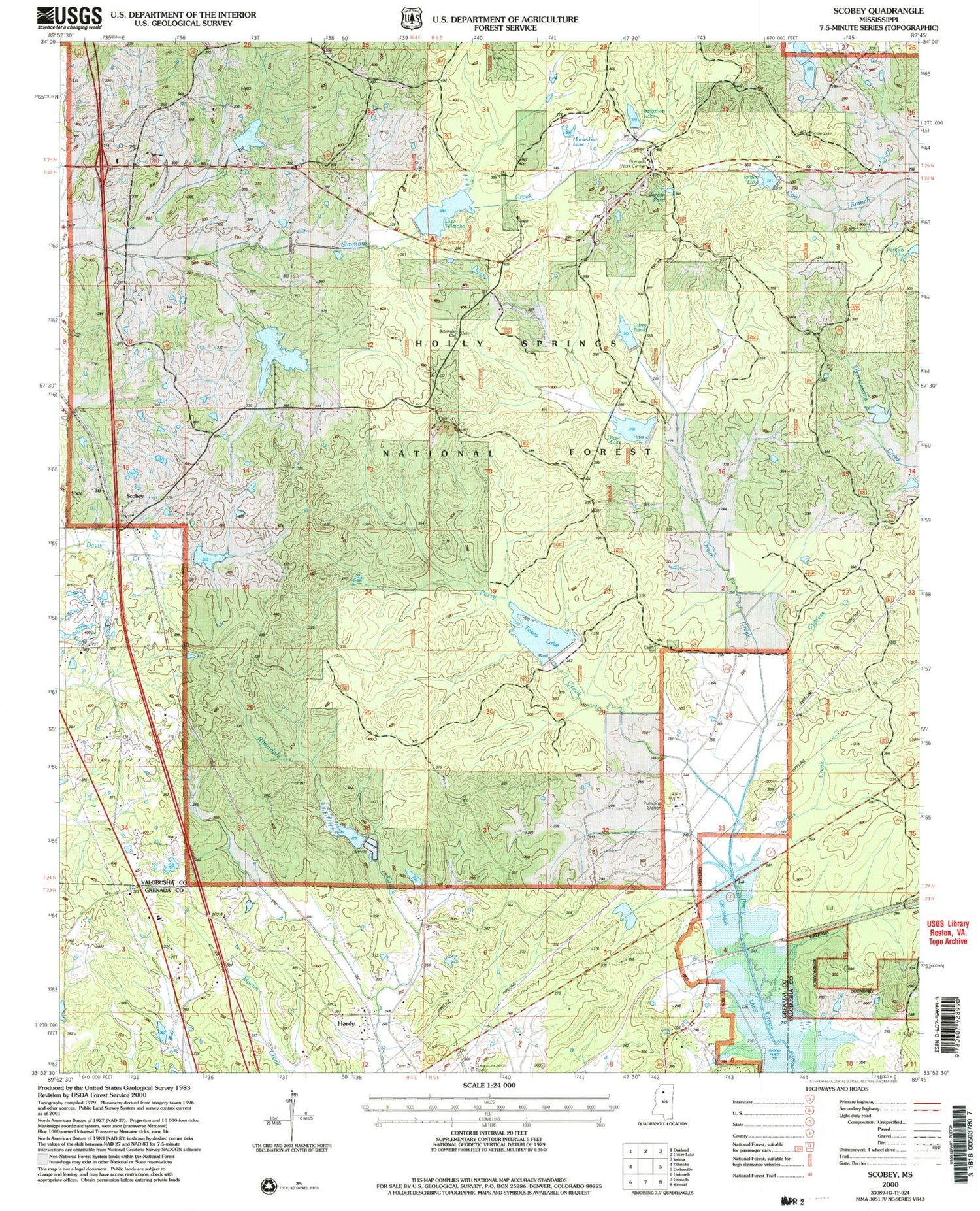 Classic USGS Scobey Mississippi 7.5'x7.5' Topo Map Image