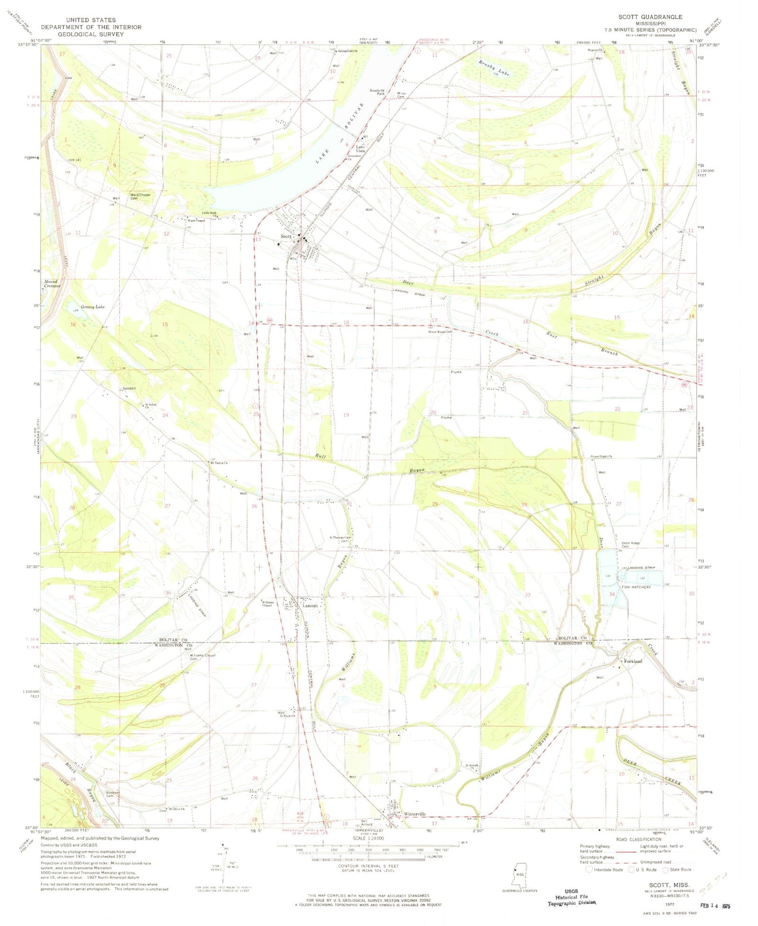 Classic USGS Scott Mississippi 7.5'x7.5' Topo Map Image