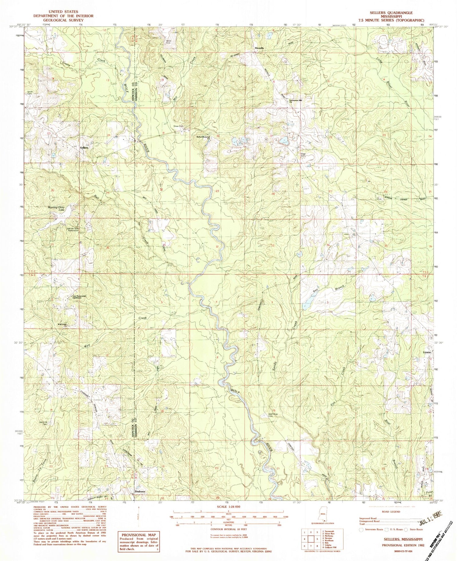 Classic USGS Sellers Mississippi 7.5'x7.5' Topo Map Image