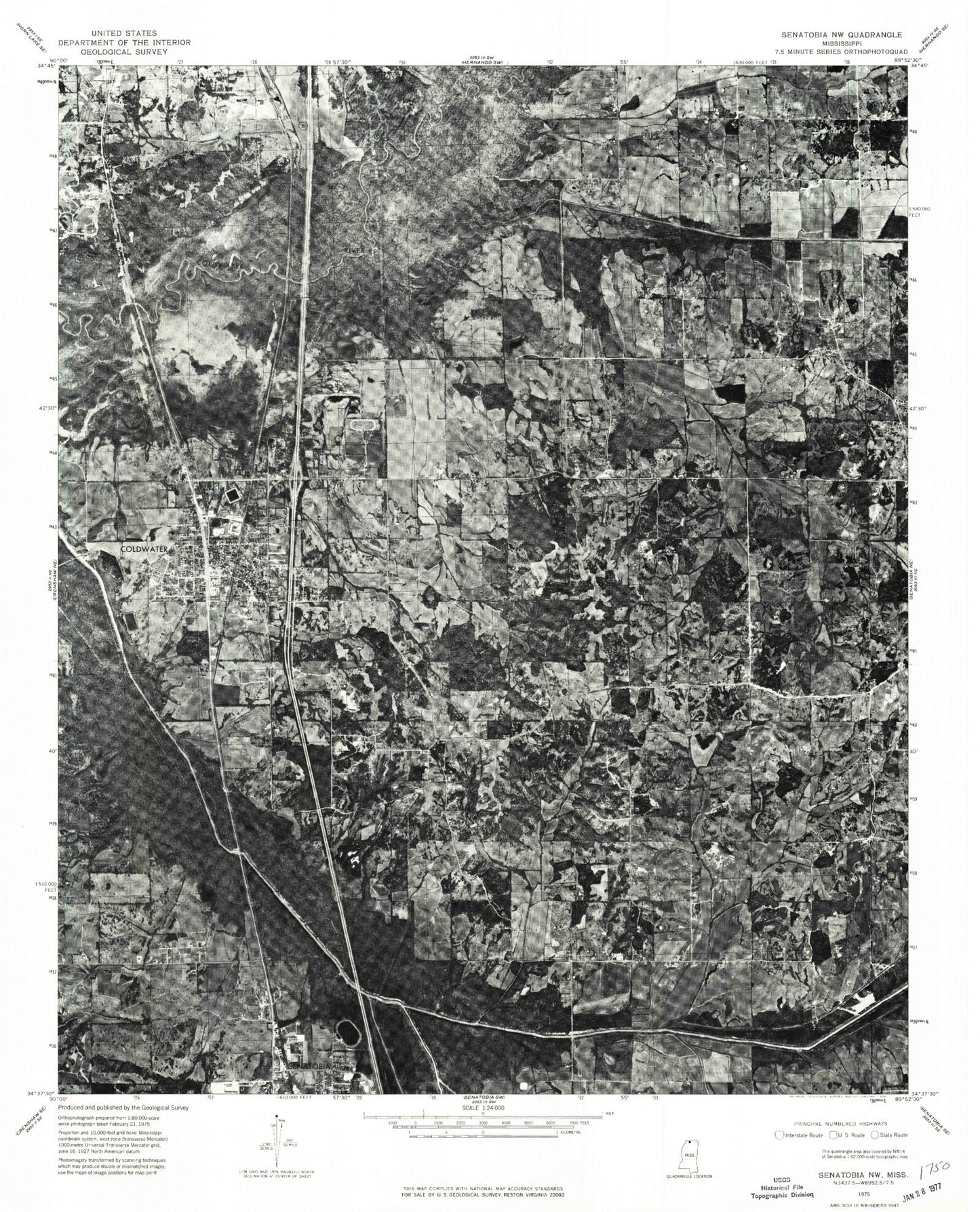Classic USGS Coldwater Mississippi 7.5'x7.5' Topo Map Image