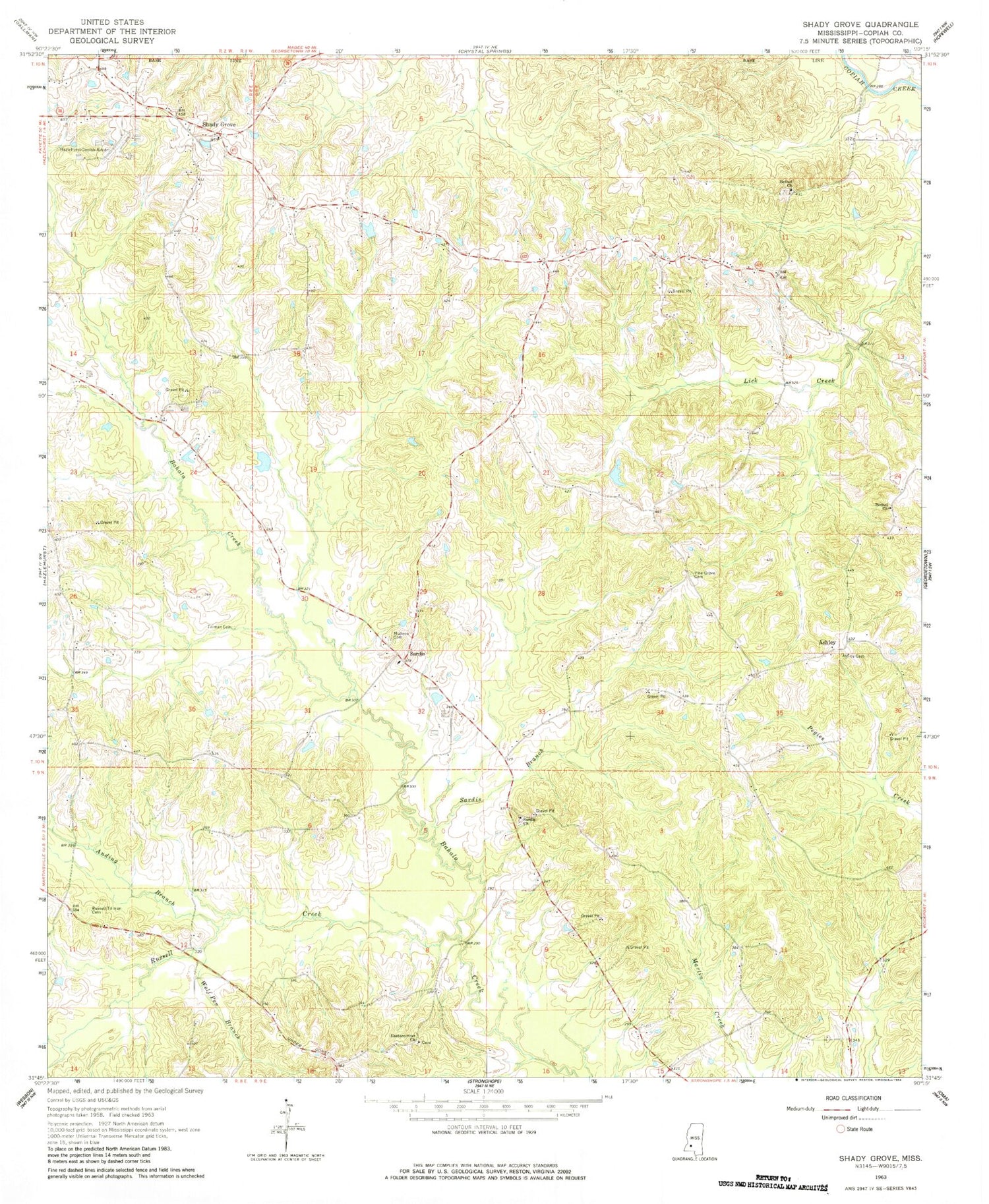 Classic USGS Shady Grove Mississippi 7.5'x7.5' Topo Map Image