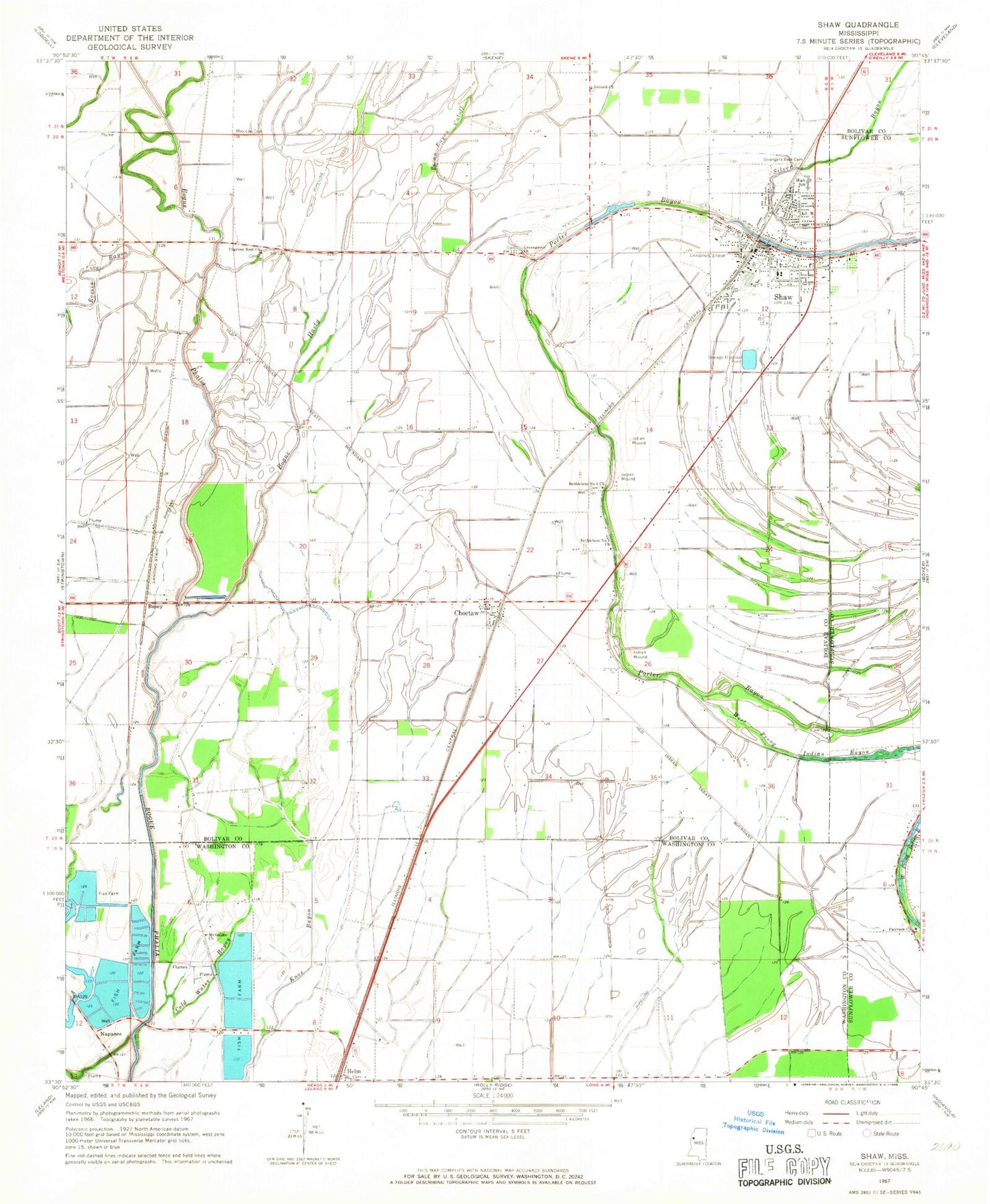 Classic USGS Shaw Mississippi 7.5'x7.5' Topo Map Image