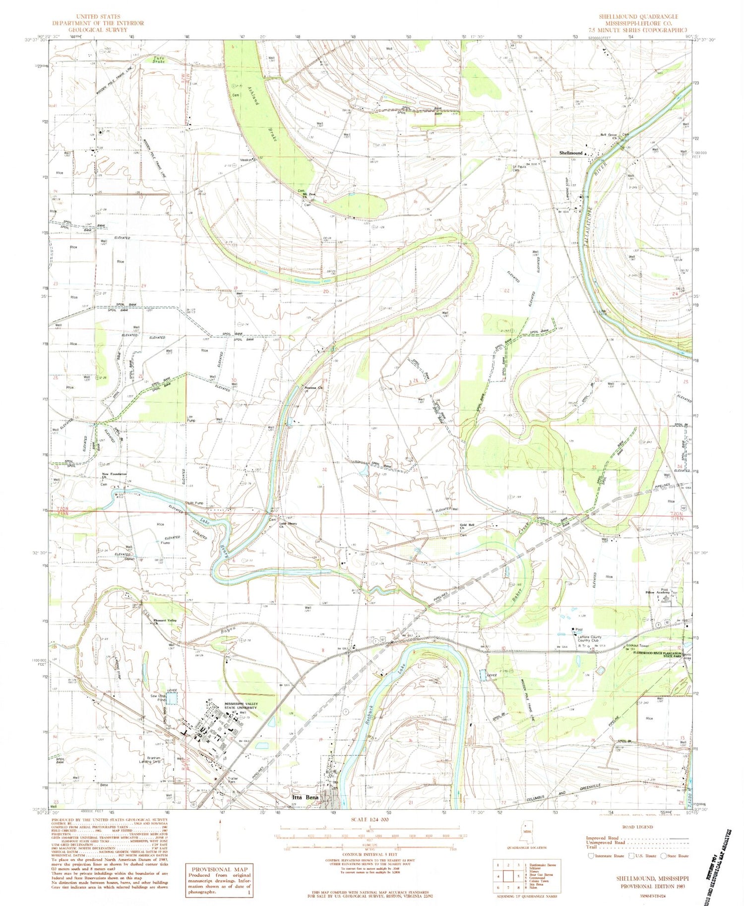 Classic USGS Shellmound Mississippi 7.5'x7.5' Topo Map Image