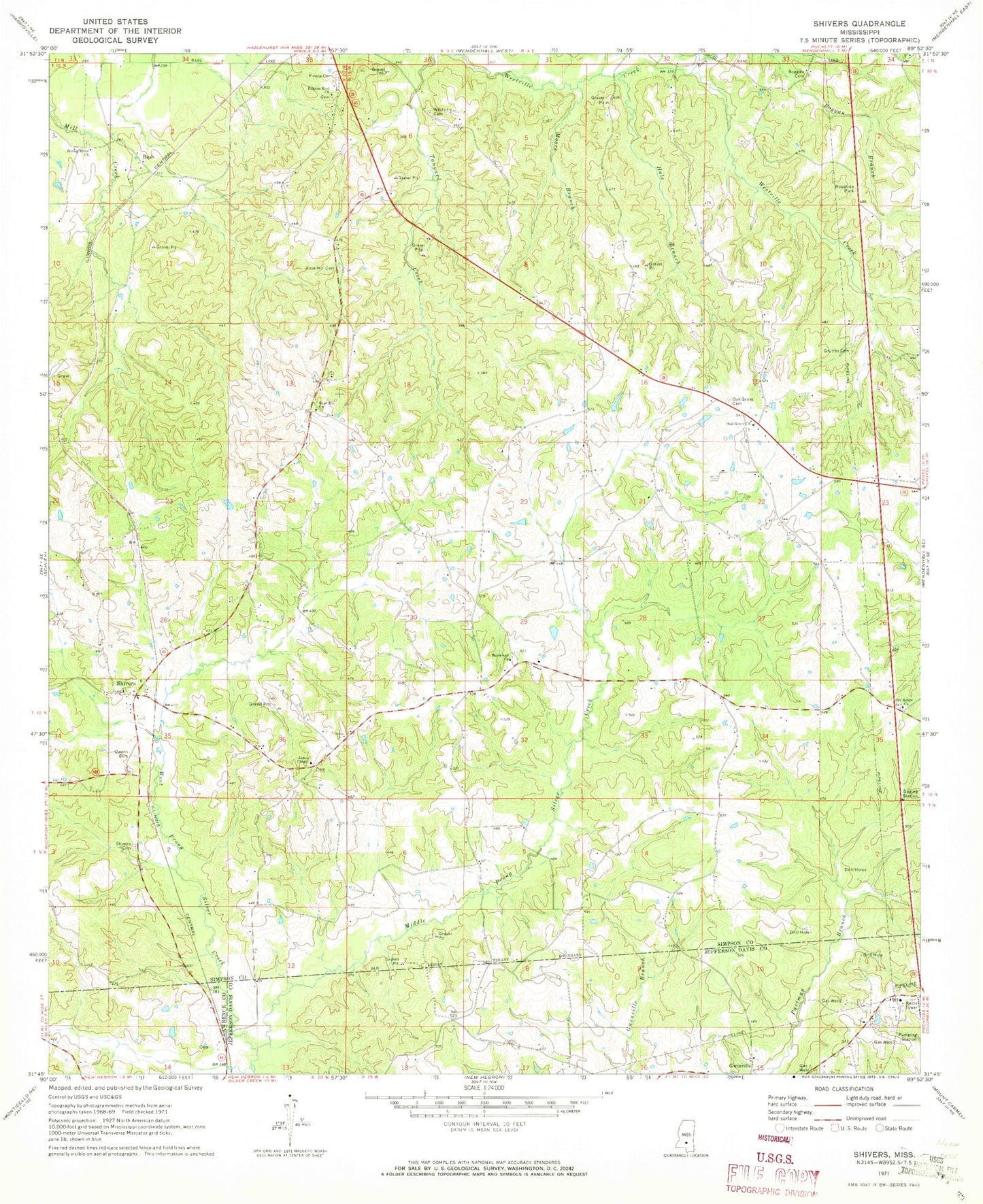 Classic USGS Shivers Mississippi 7.5'x7.5' Topo Map Image