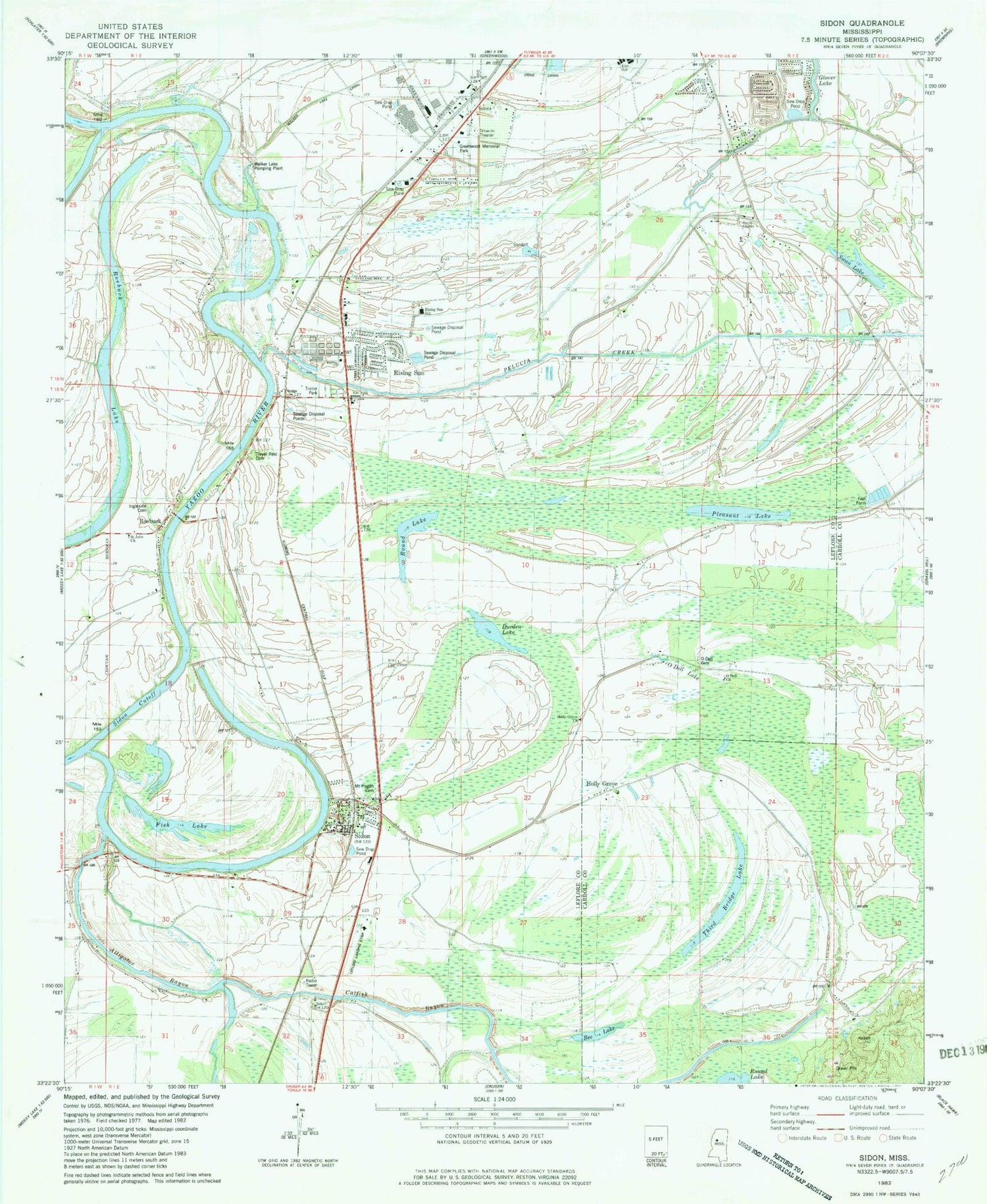 Classic USGS Sidon Mississippi 7.5'x7.5' Topo Map Image