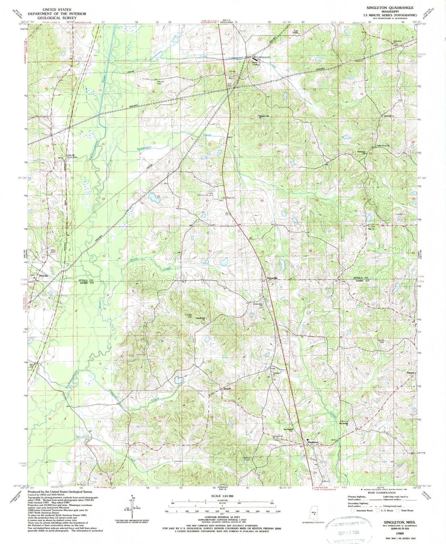 Classic USGS Singleton Mississippi 7.5'x7.5' Topo Map Image