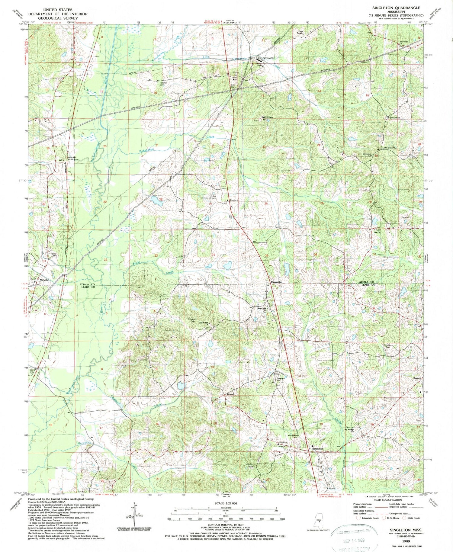 Classic USGS Singleton Mississippi 7.5'x7.5' Topo Map Image